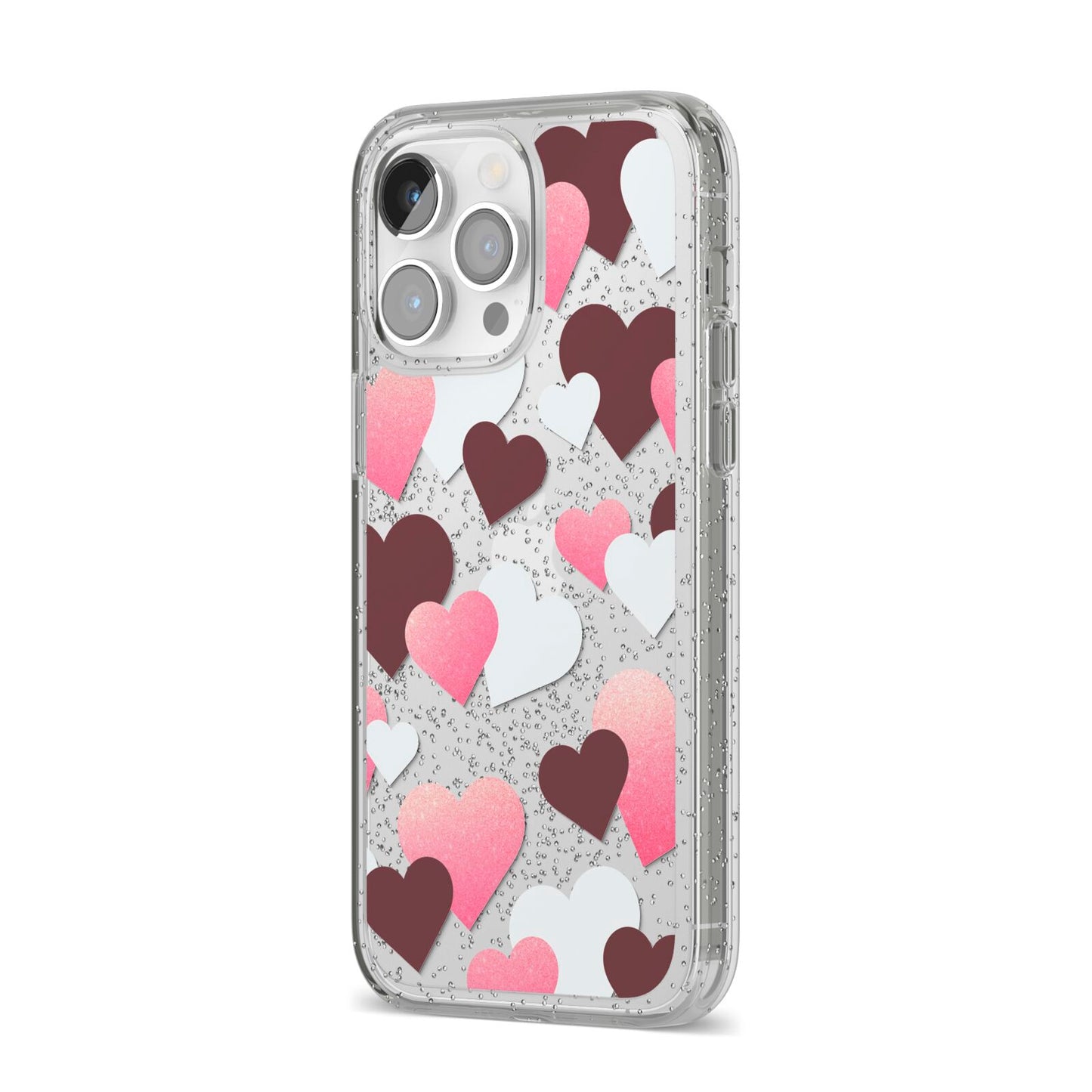 Hearts iPhone 14 Pro Max Glitter Tough Case Silver Angled Image