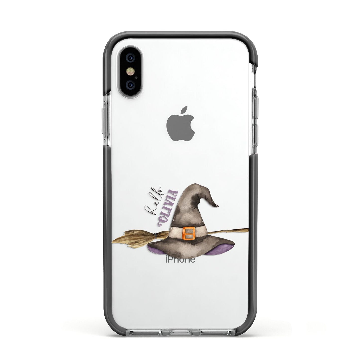 Hello Witch Hat Personalised Apple iPhone Xs Impact Case Black Edge on Silver Phone