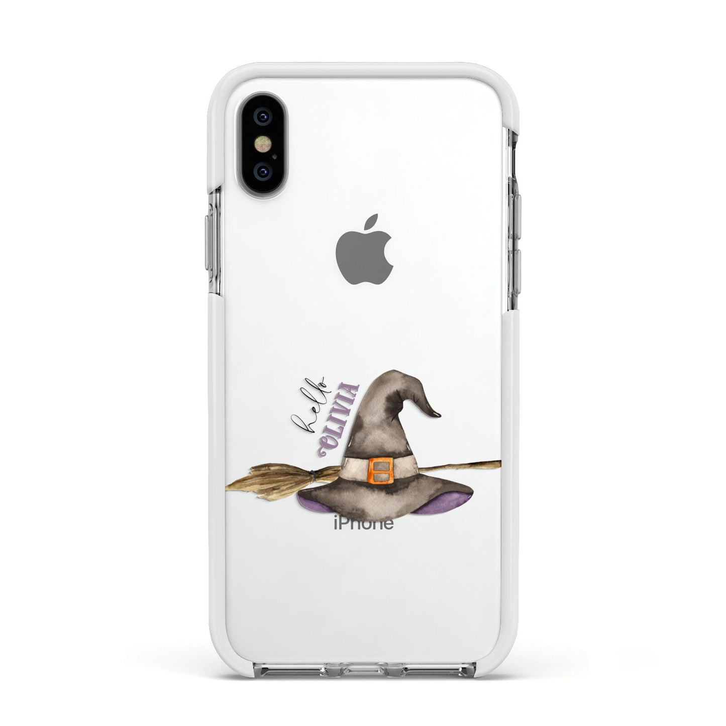 Hello Witch Hat Personalised Apple iPhone Xs Impact Case White Edge on Silver Phone