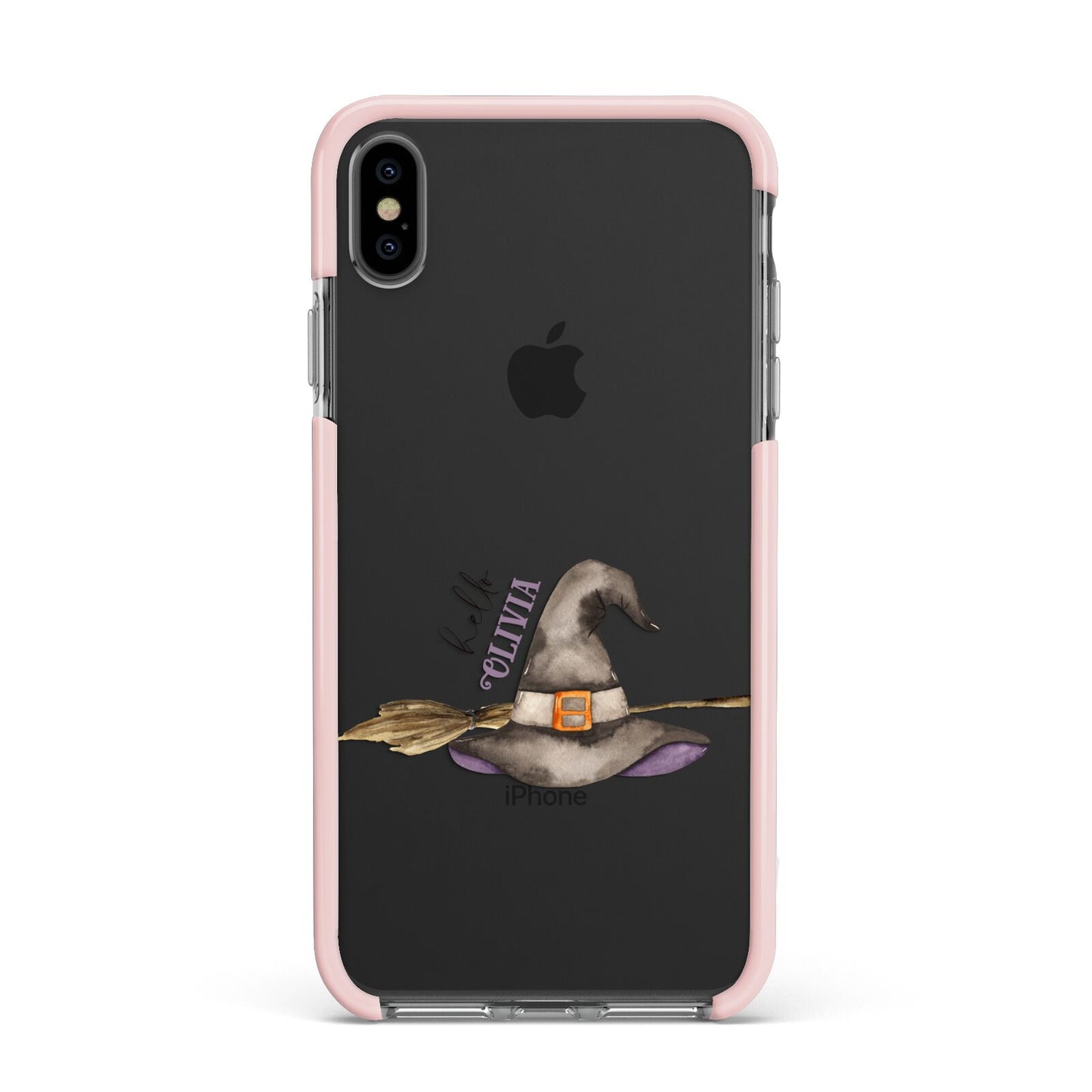 Hello Witch Hat Personalised Apple iPhone Xs Max Impact Case Pink Edge on Black Phone