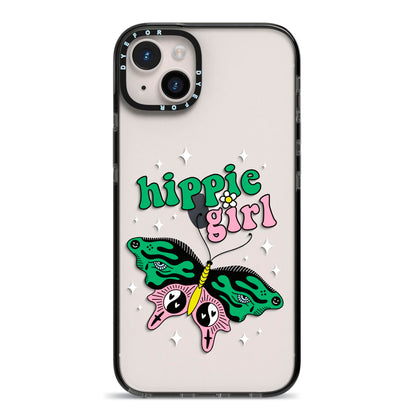 Hippie Girl iPhone 14 Plus Black Impact Case on Silver phone