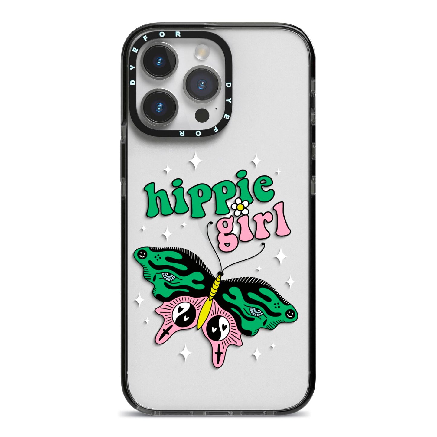 Hippie Girl iPhone 14 Pro Max Black Impact Case on Silver phone