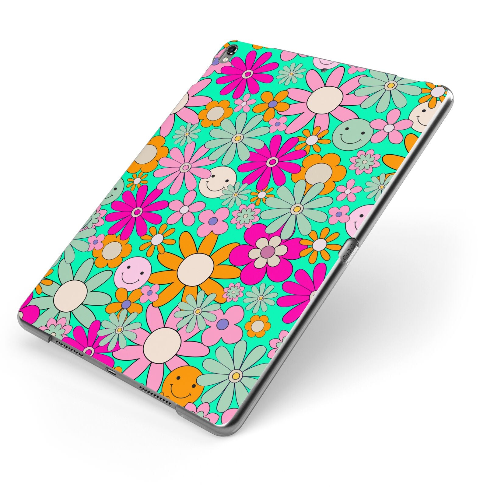 Hippy Floral Apple iPad Case on Grey iPad Side View