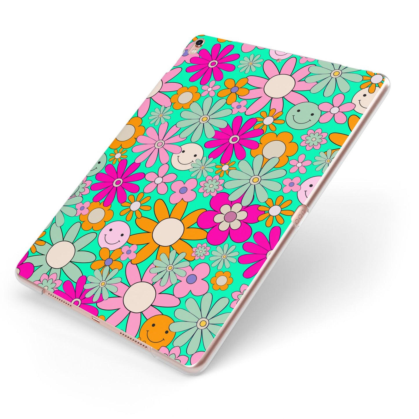 Hippy Floral Apple iPad Case on Rose Gold iPad Side View