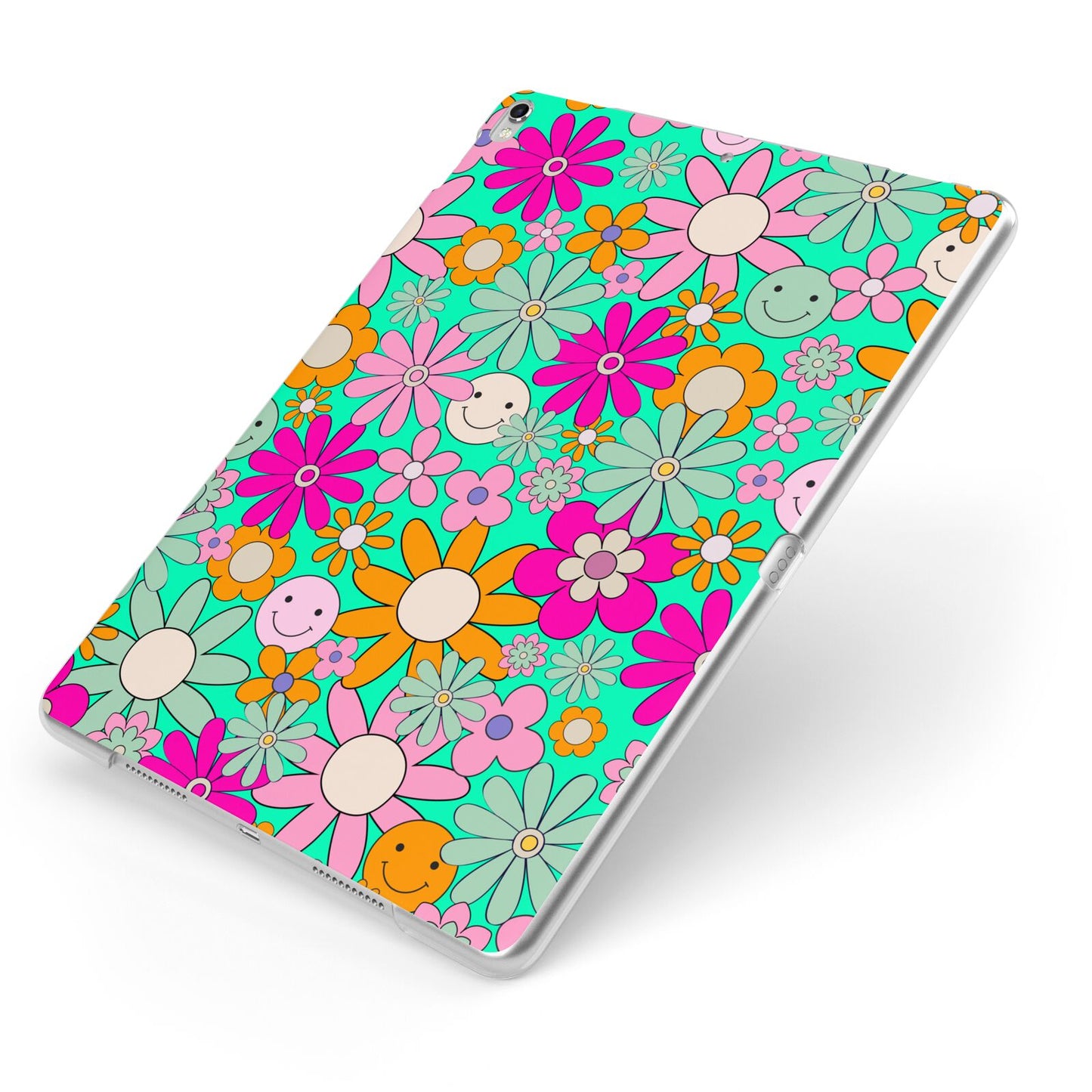 Hippy Floral Apple iPad Case on Silver iPad Side View