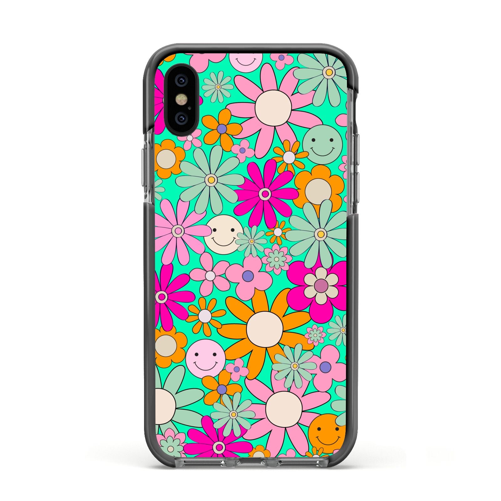 Hippy Floral Apple iPhone Xs Impact Case Black Edge on Black Phone