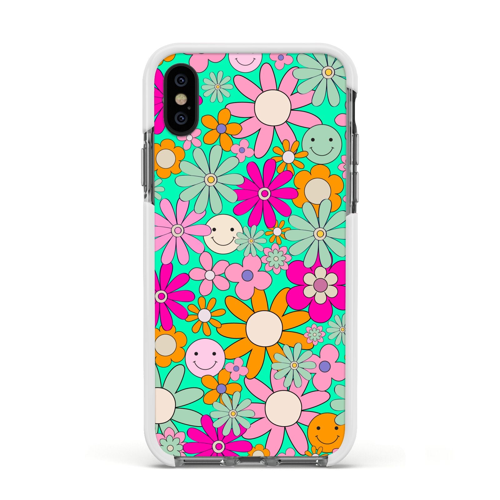 Hippy Floral Apple iPhone Xs Impact Case White Edge on Black Phone