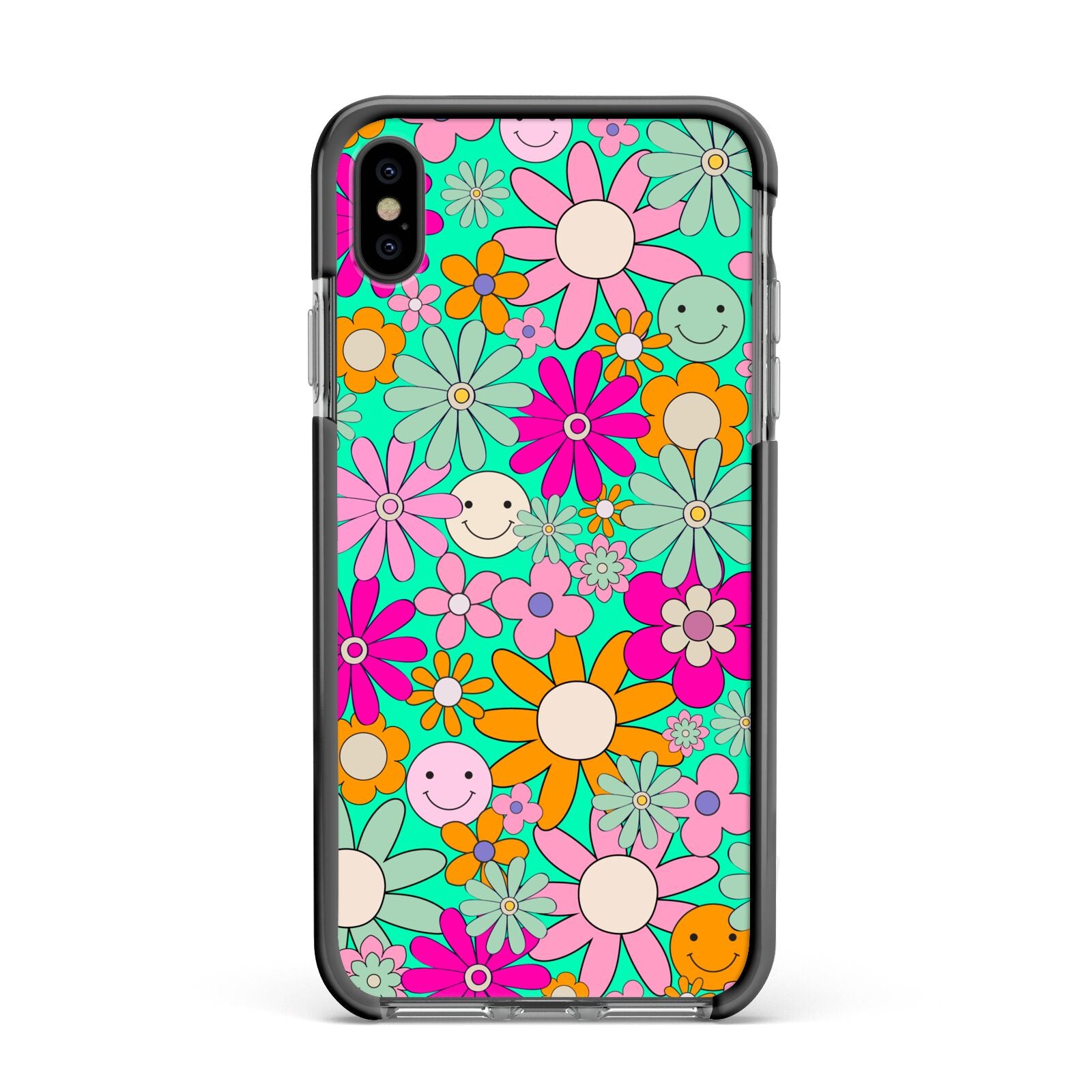 Hippy Floral Apple iPhone Xs Max Impact Case Black Edge on Black Phone