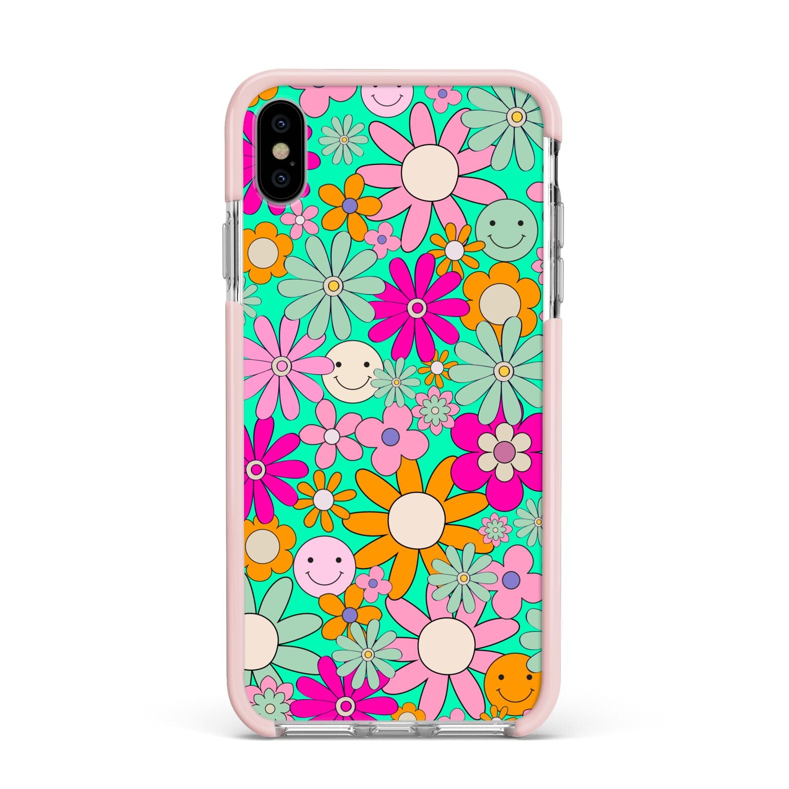 Hippy Floral Apple iPhone Xs Max Impact Case Pink Edge on Silver Phone