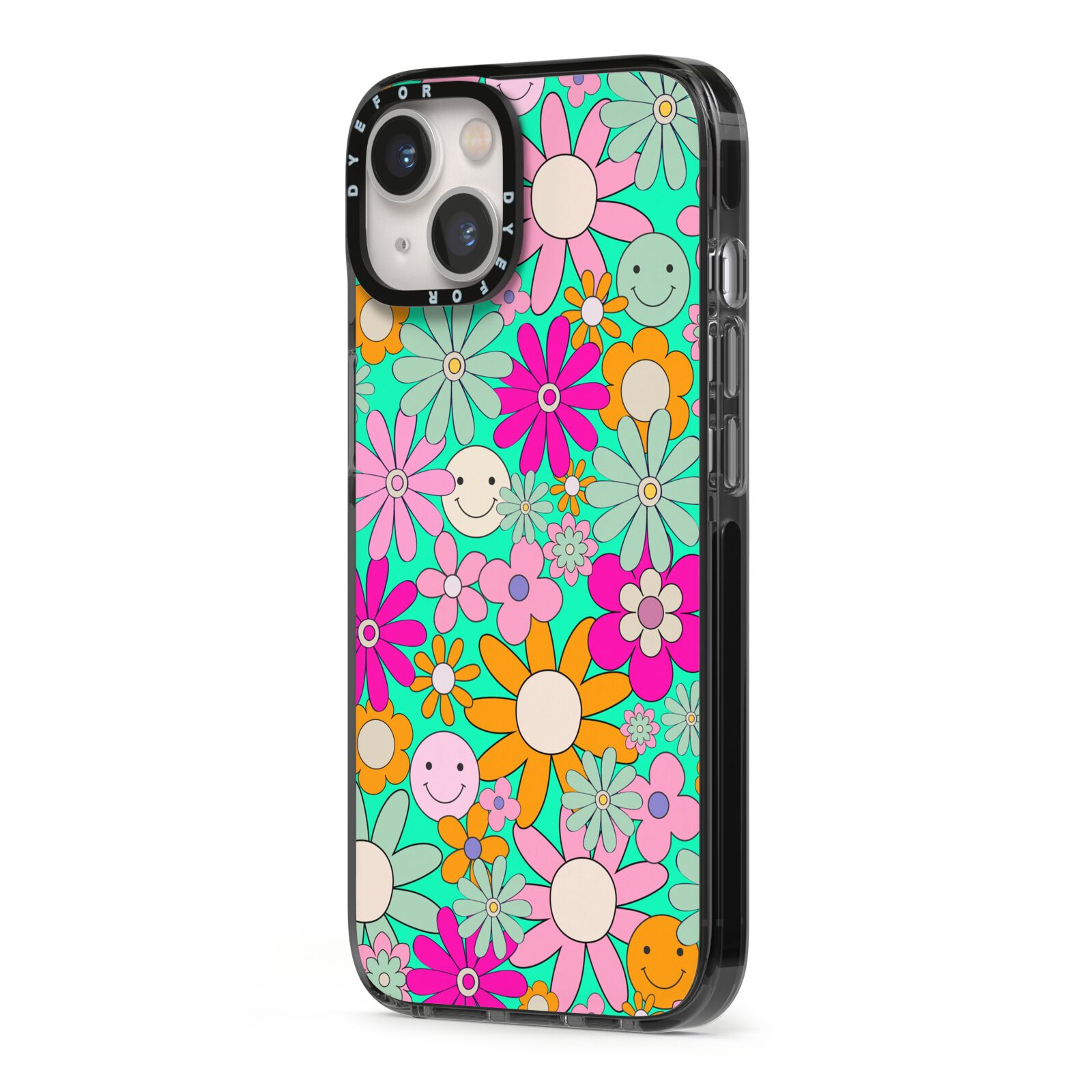 Hippy Floral iPhone 13 Black Impact Case Side Angle on Silver phone