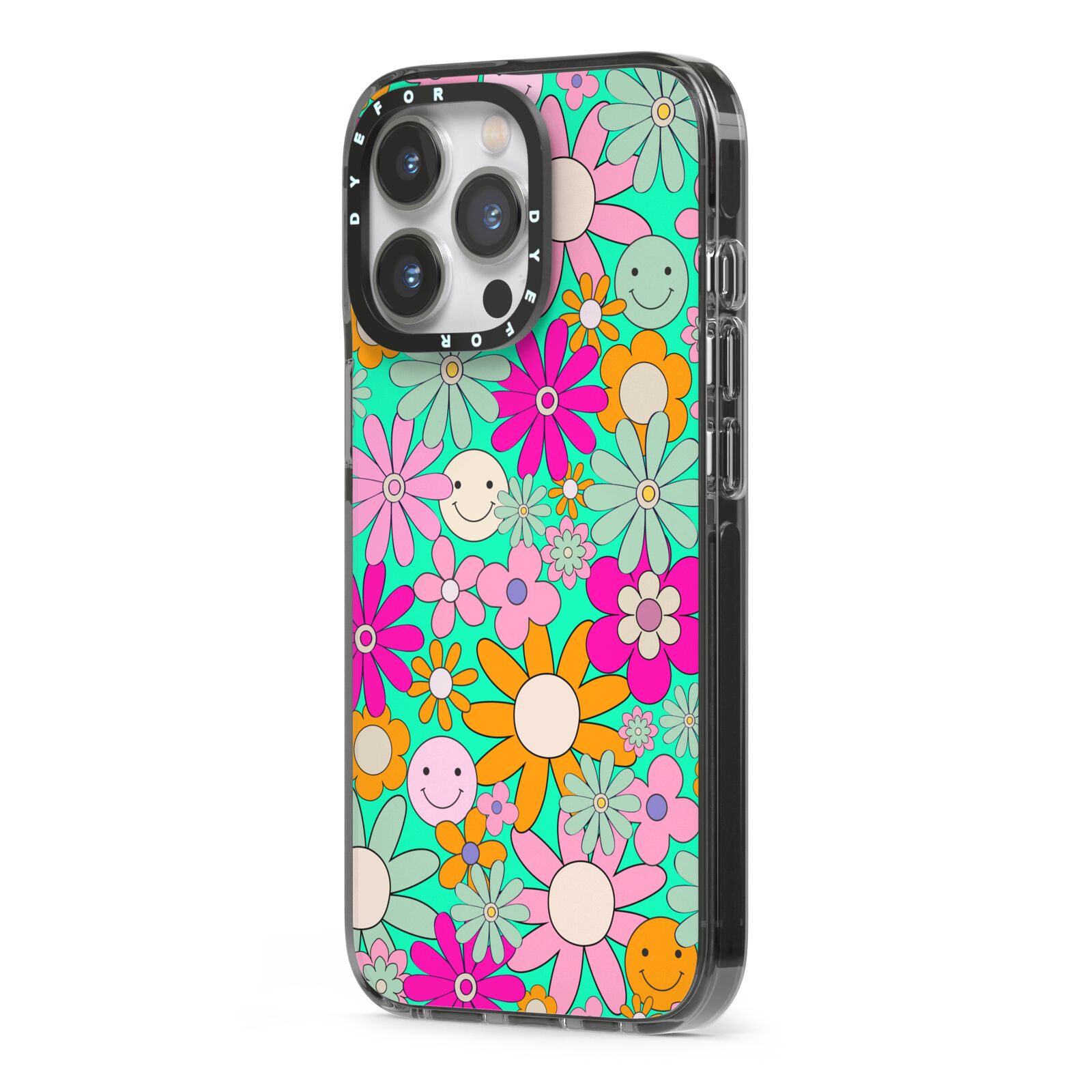 Hippy Floral iPhone 13 Pro Black Impact Case Side Angle on Silver phone