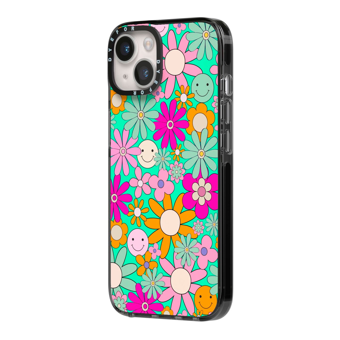 Hippy Floral iPhone 14 Black Impact Case Side Angle on Silver phone