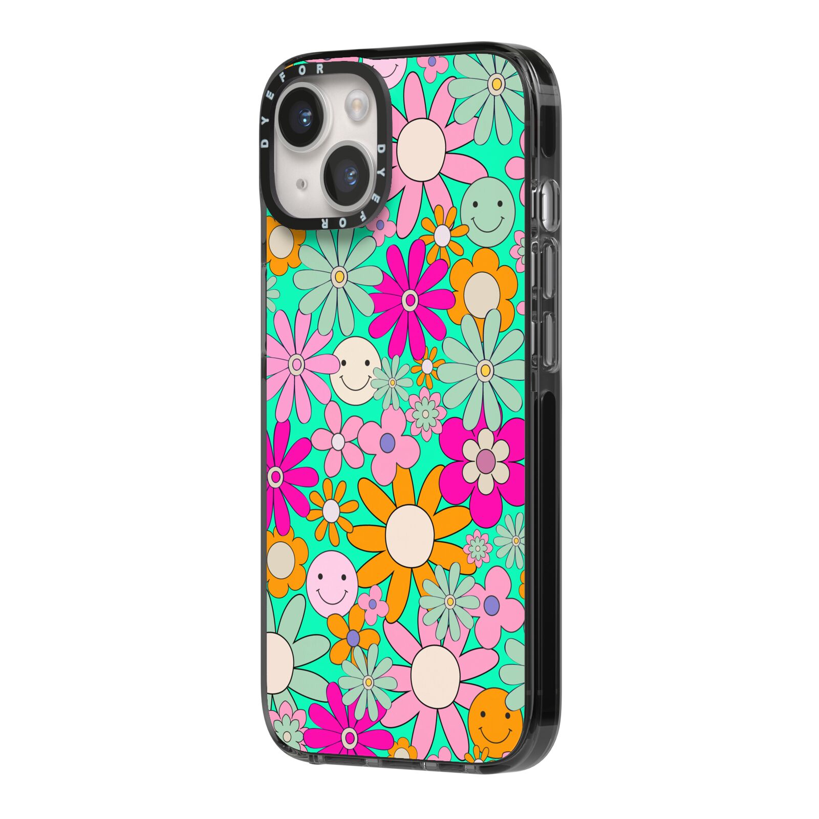 Hippy Floral iPhone 14 Black Impact Case Side Angle on Silver phone