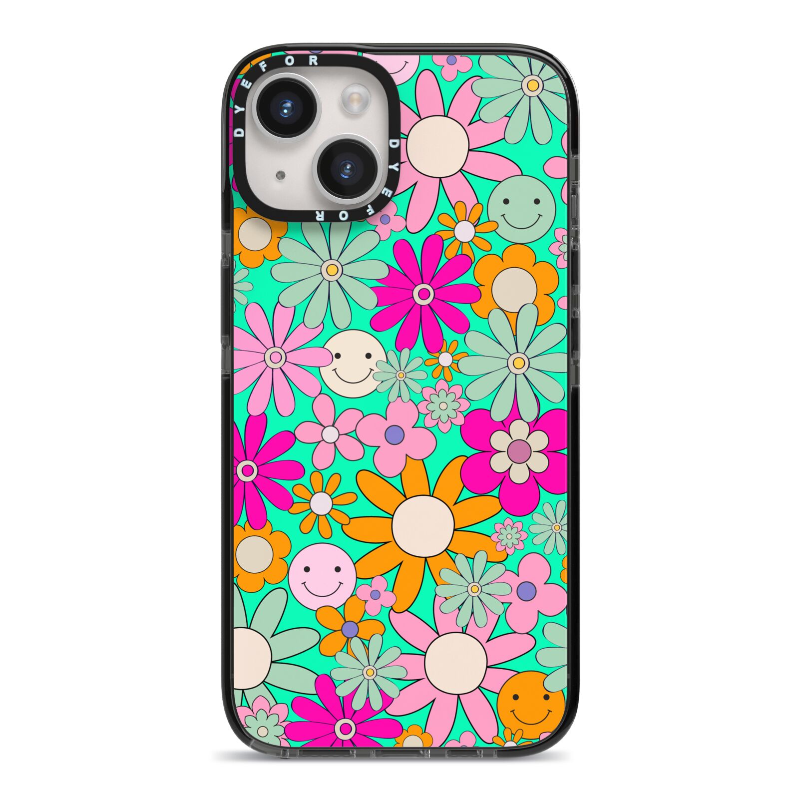 Hippy Floral iPhone 14 Black Impact Case on Silver phone