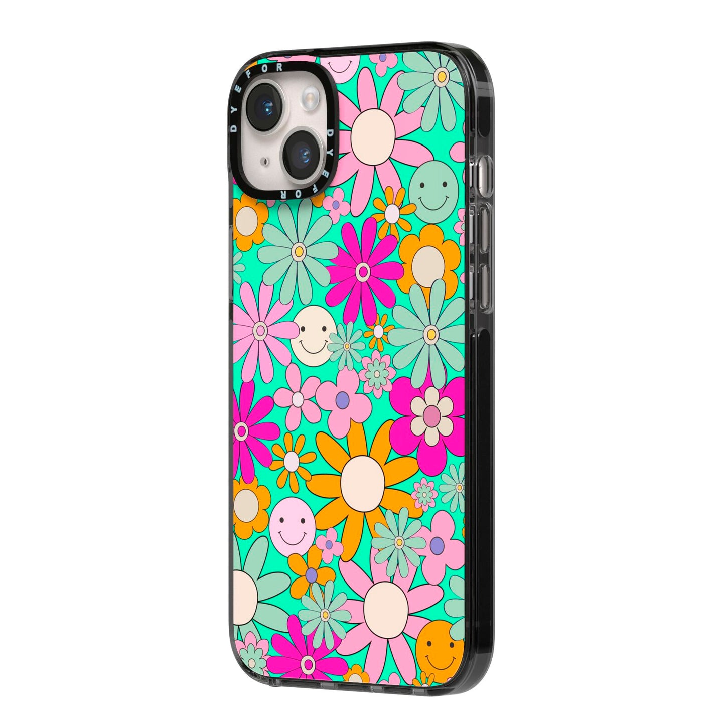 Hippy Floral iPhone 14 Plus Black Impact Case Side Angle on Silver phone