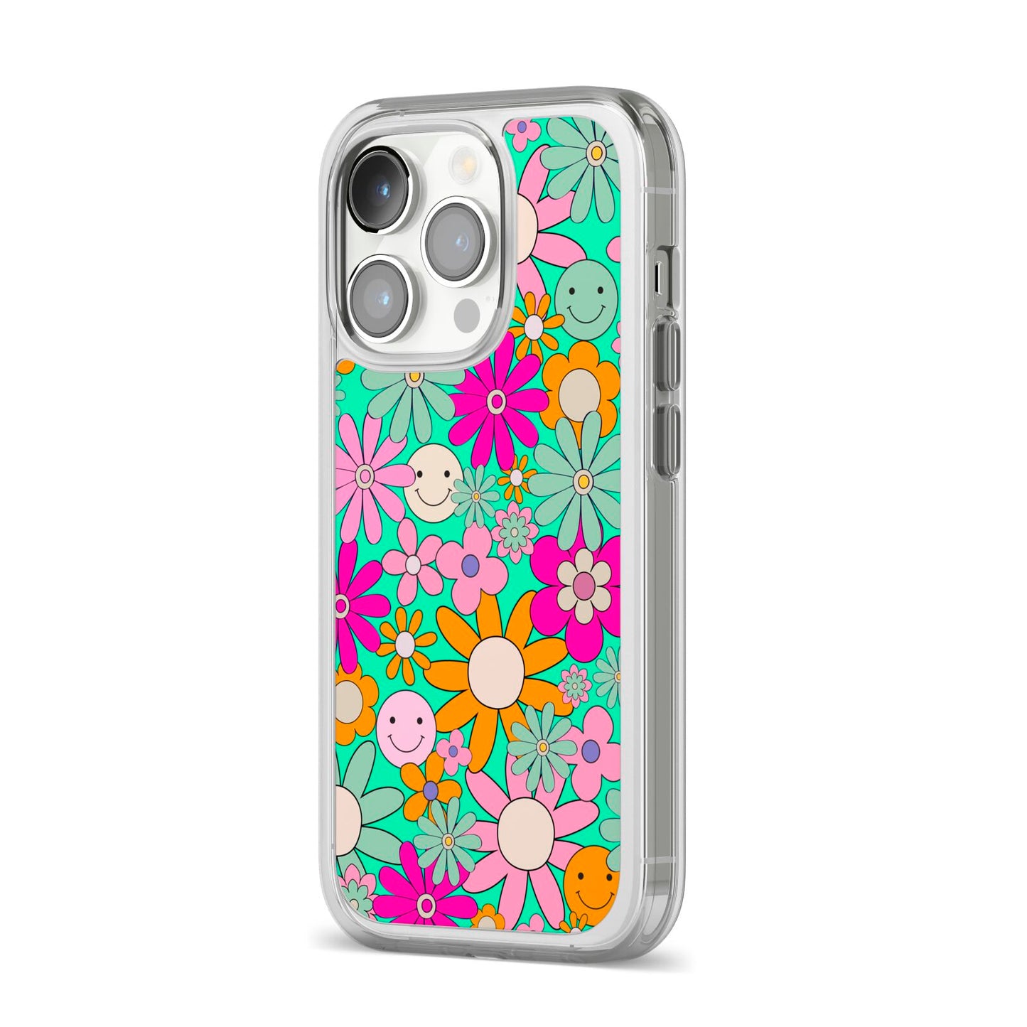 Hippy Floral iPhone 14 Pro Clear Tough Case Silver Angled Image