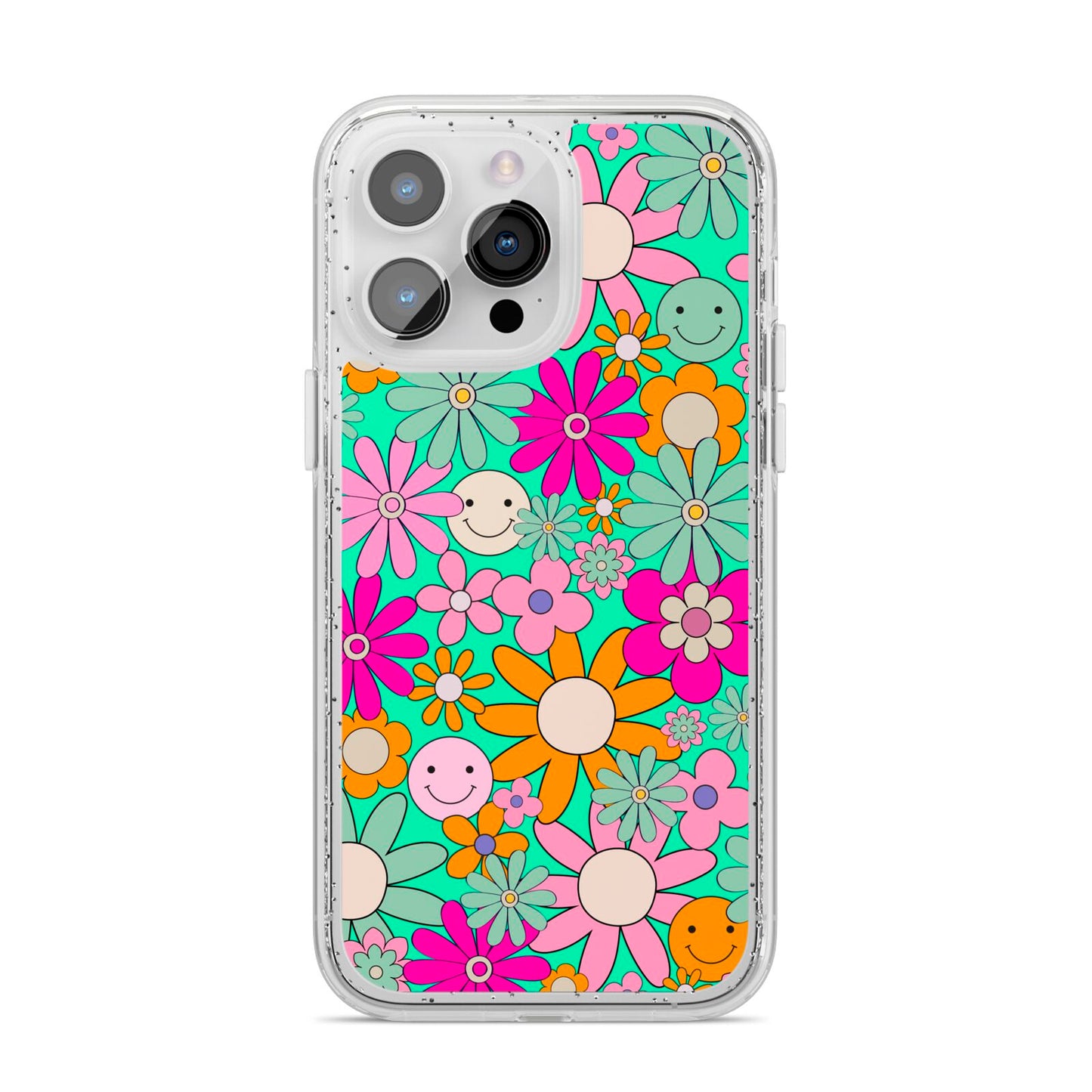 Hippy Floral iPhone 14 Pro Max Glitter Tough Case Silver