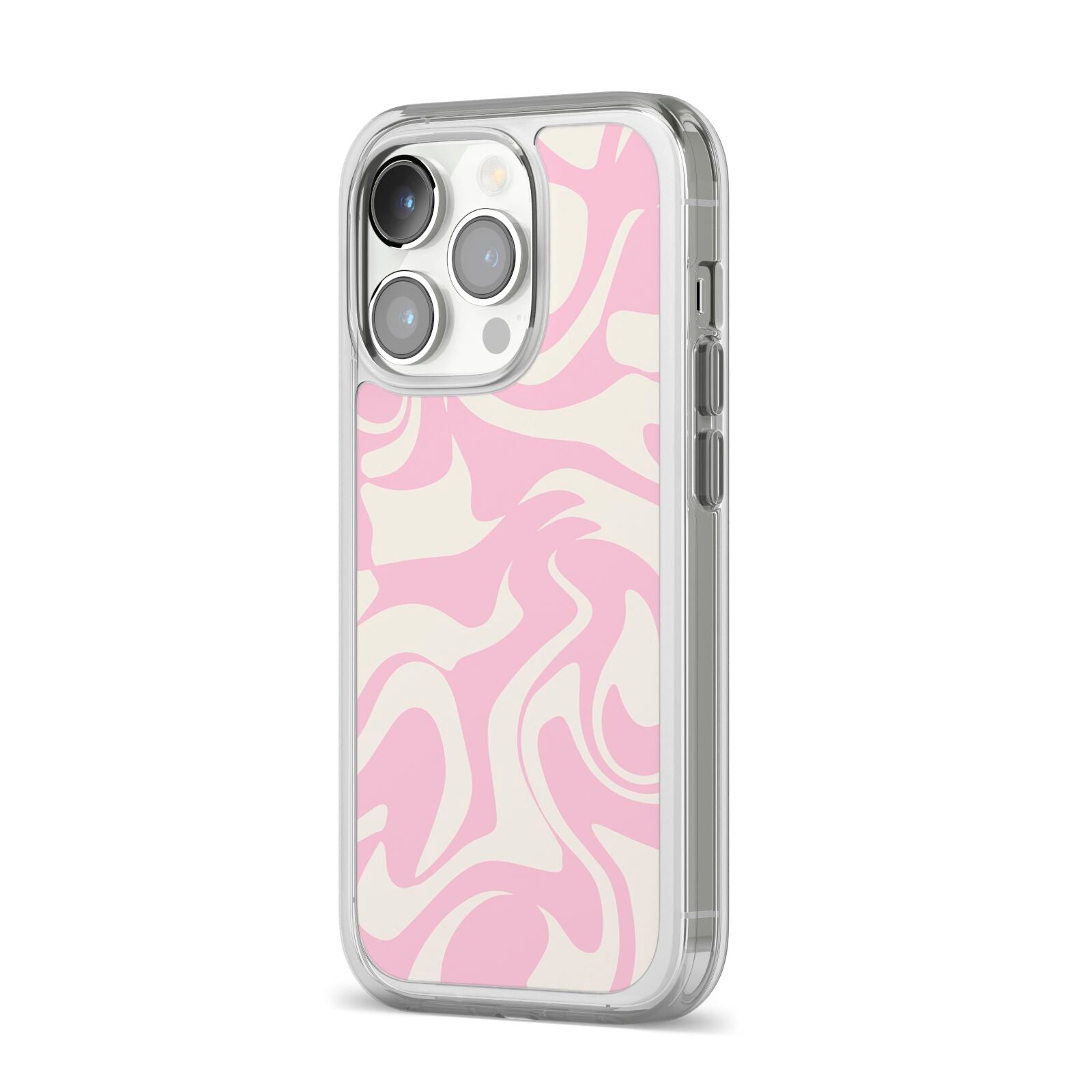 Hippy Swirl iPhone 14 Pro Clear Tough Case Silver Angled Image