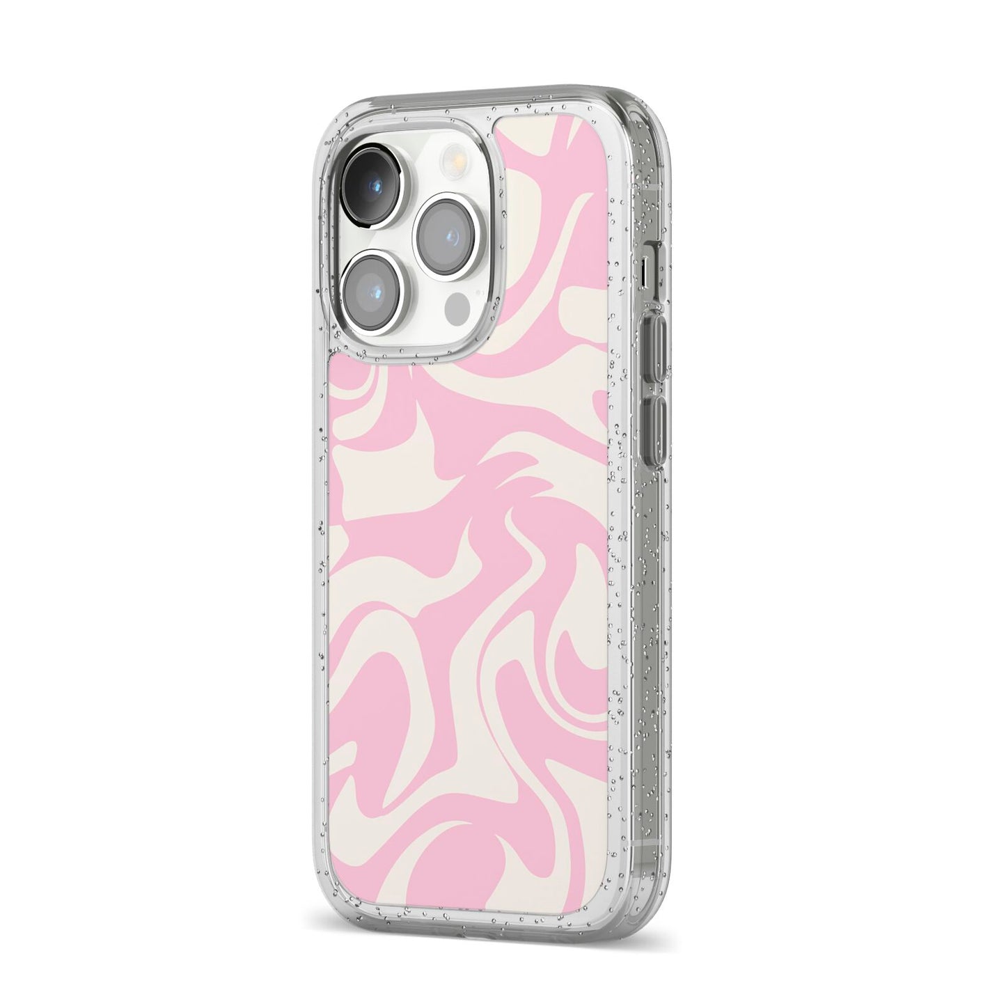 Hippy Swirl iPhone 14 Pro Glitter Tough Case Silver Angled Image