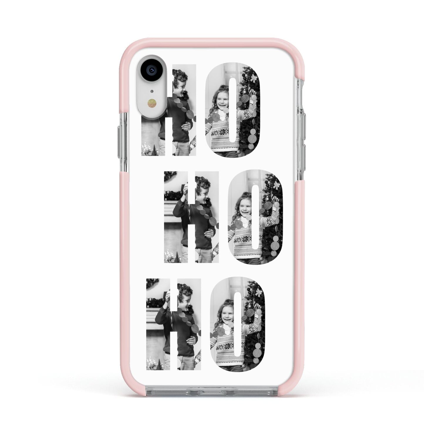 Ho Ho Ho Photo Upload Christmas Apple iPhone XR Impact Case Pink Edge on Silver Phone