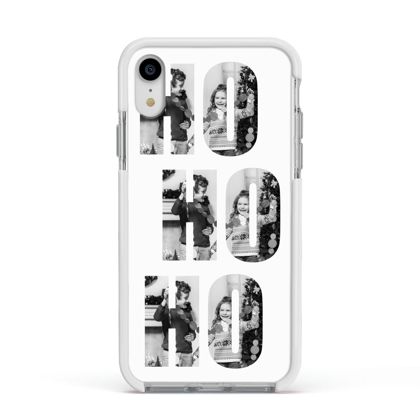 Ho Ho Ho Photo Upload Christmas Apple iPhone XR Impact Case White Edge on Silver Phone