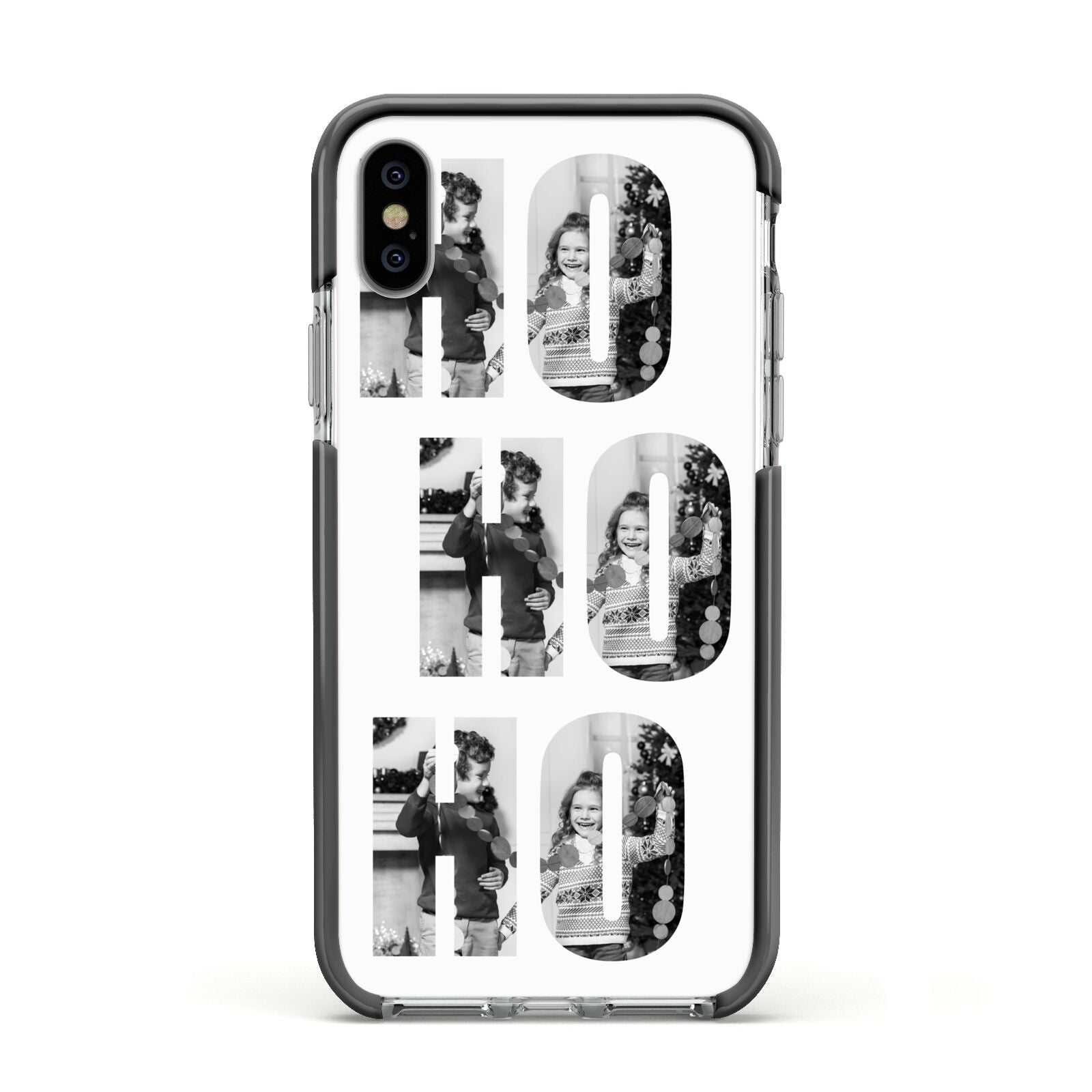 Ho Ho Ho Photo Upload Christmas Apple iPhone Xs Impact Case Black Edge on Silver Phone