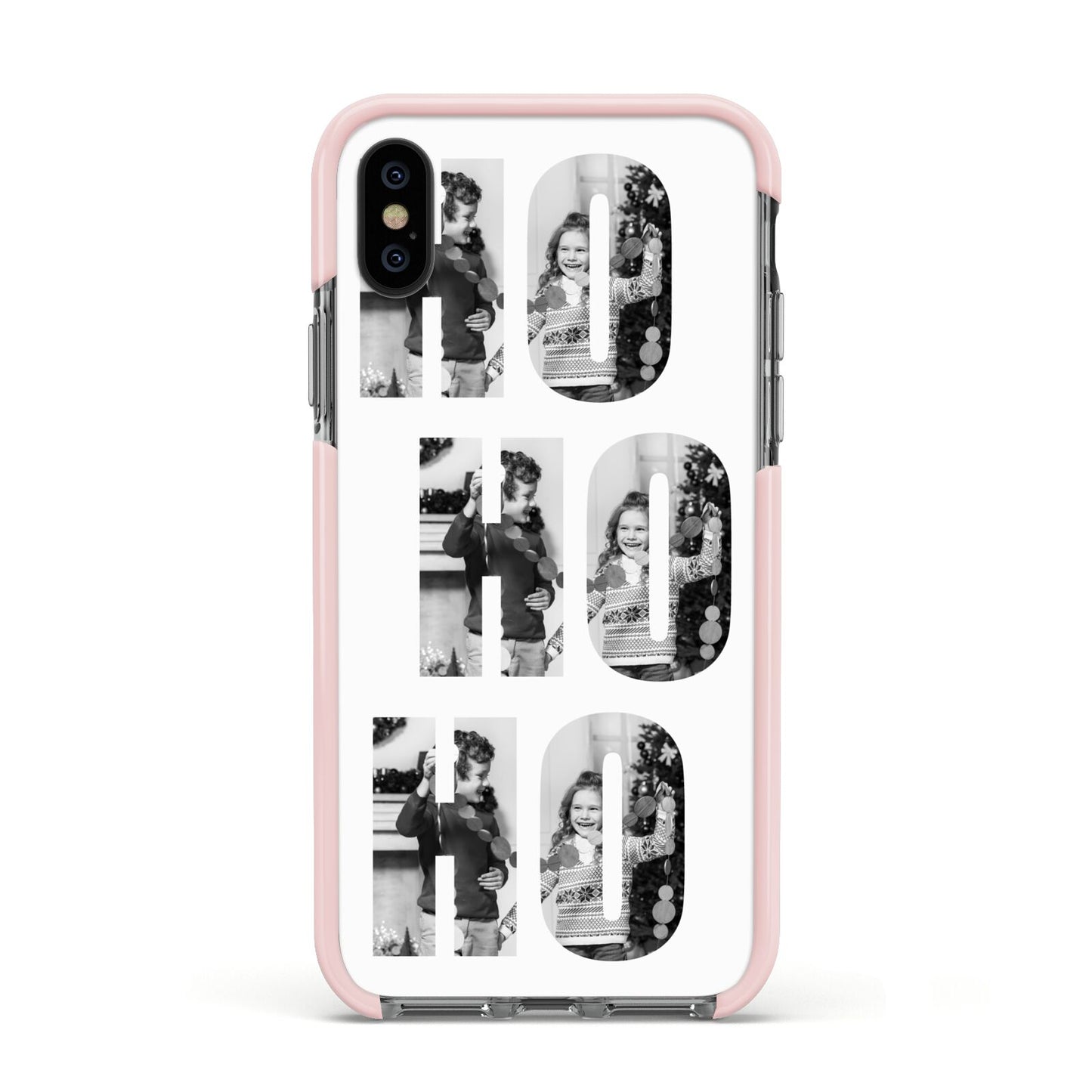 Ho Ho Ho Photo Upload Christmas Apple iPhone Xs Impact Case Pink Edge on Black Phone