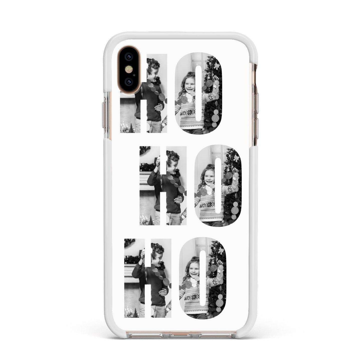 Ho Ho Ho Photo Upload Christmas Apple iPhone Xs Max Impact Case White Edge on Gold Phone