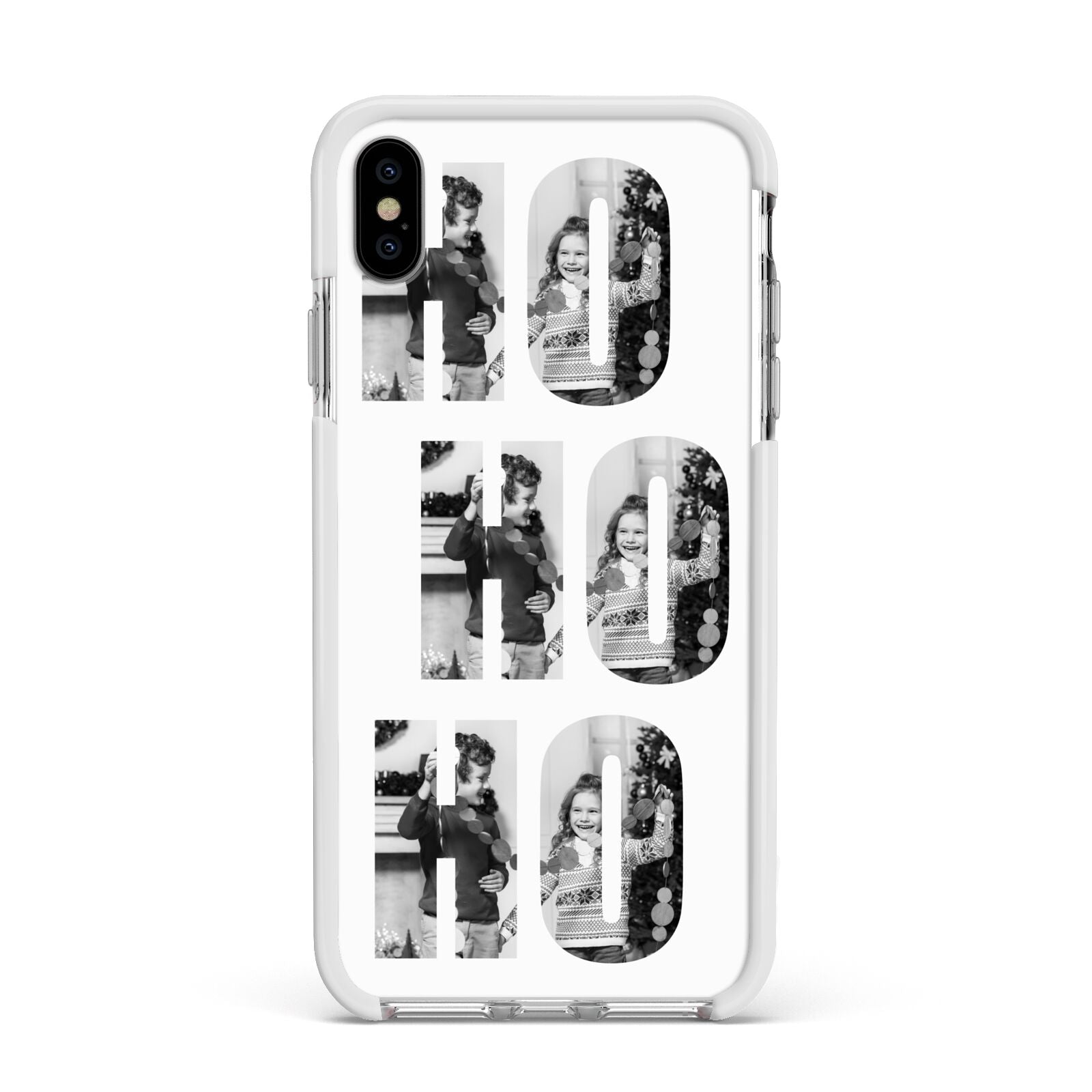 Ho Ho Ho Photo Upload Christmas Apple iPhone Xs Max Impact Case White Edge on Silver Phone