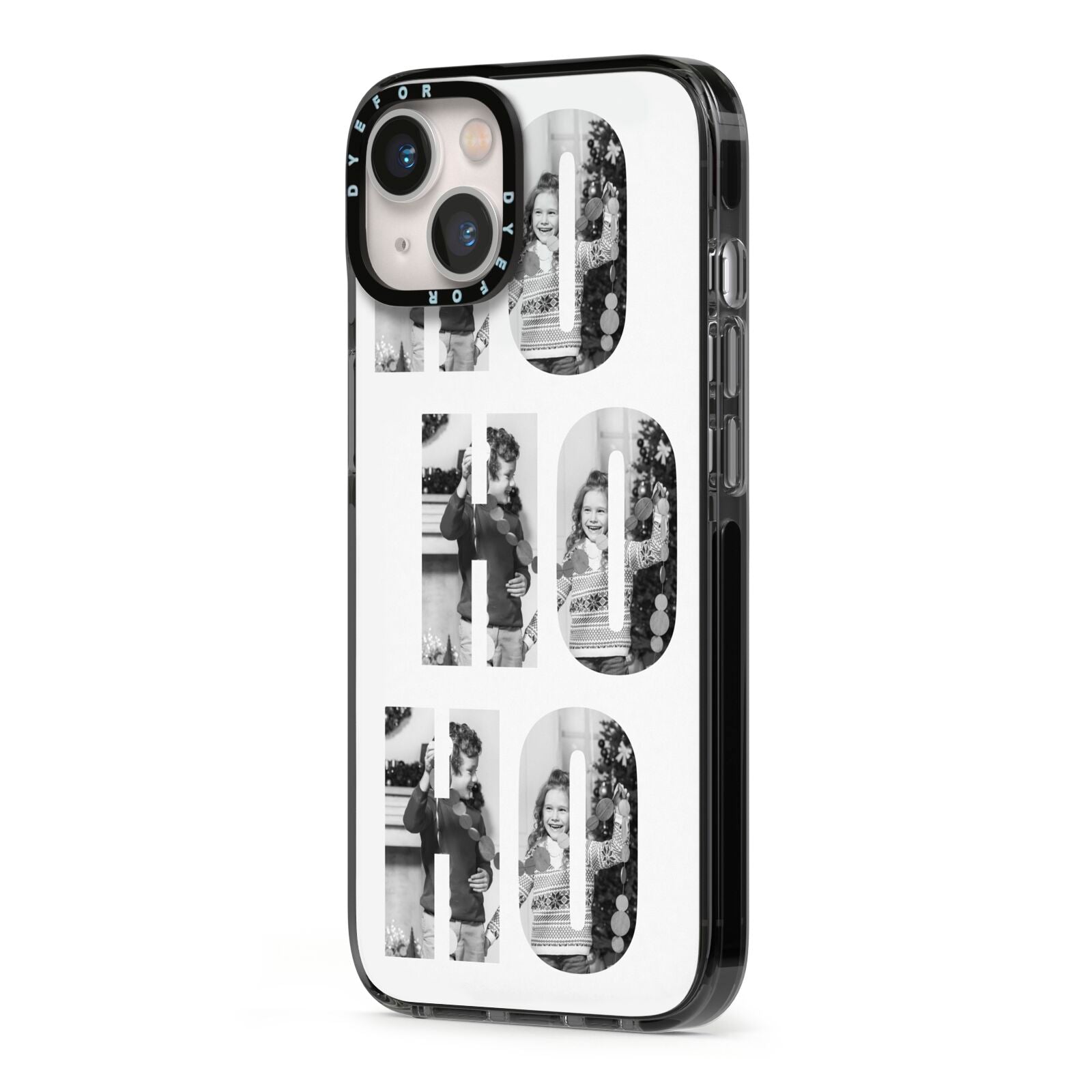 Ho Ho Ho Photo Upload Christmas iPhone 13 Black Impact Case Side Angle on Silver phone