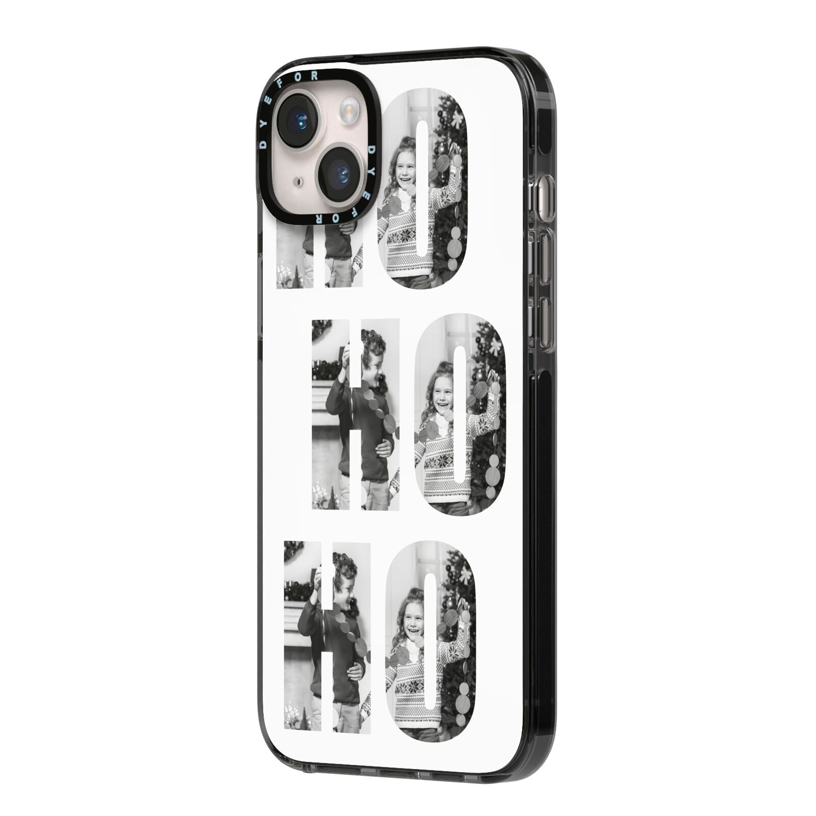 Ho Ho Ho Photo Upload Christmas iPhone 14 Plus Black Impact Case Side Angle on Silver phone