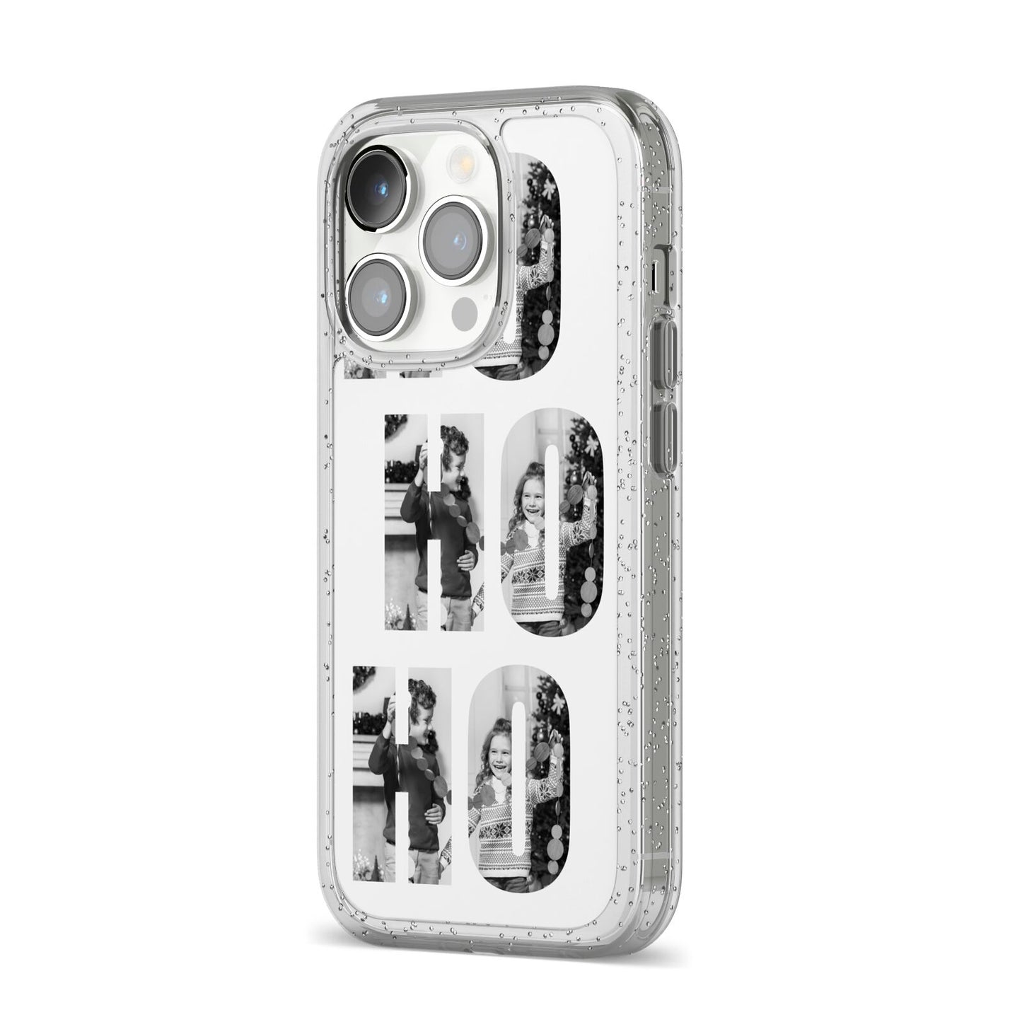 Ho Ho Ho Photo Upload Christmas iPhone 14 Pro Glitter Tough Case Silver Angled Image