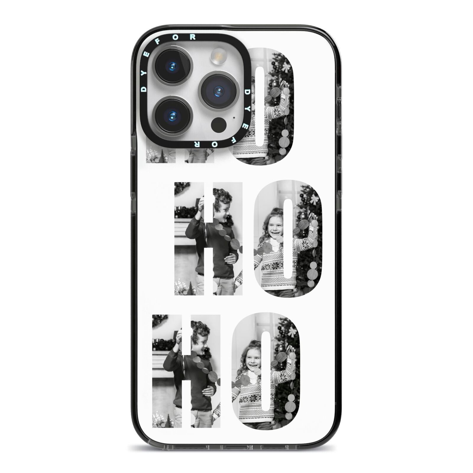 Ho Ho Ho Photo Upload Christmas iPhone 14 Pro Max Black Impact Case on Silver phone