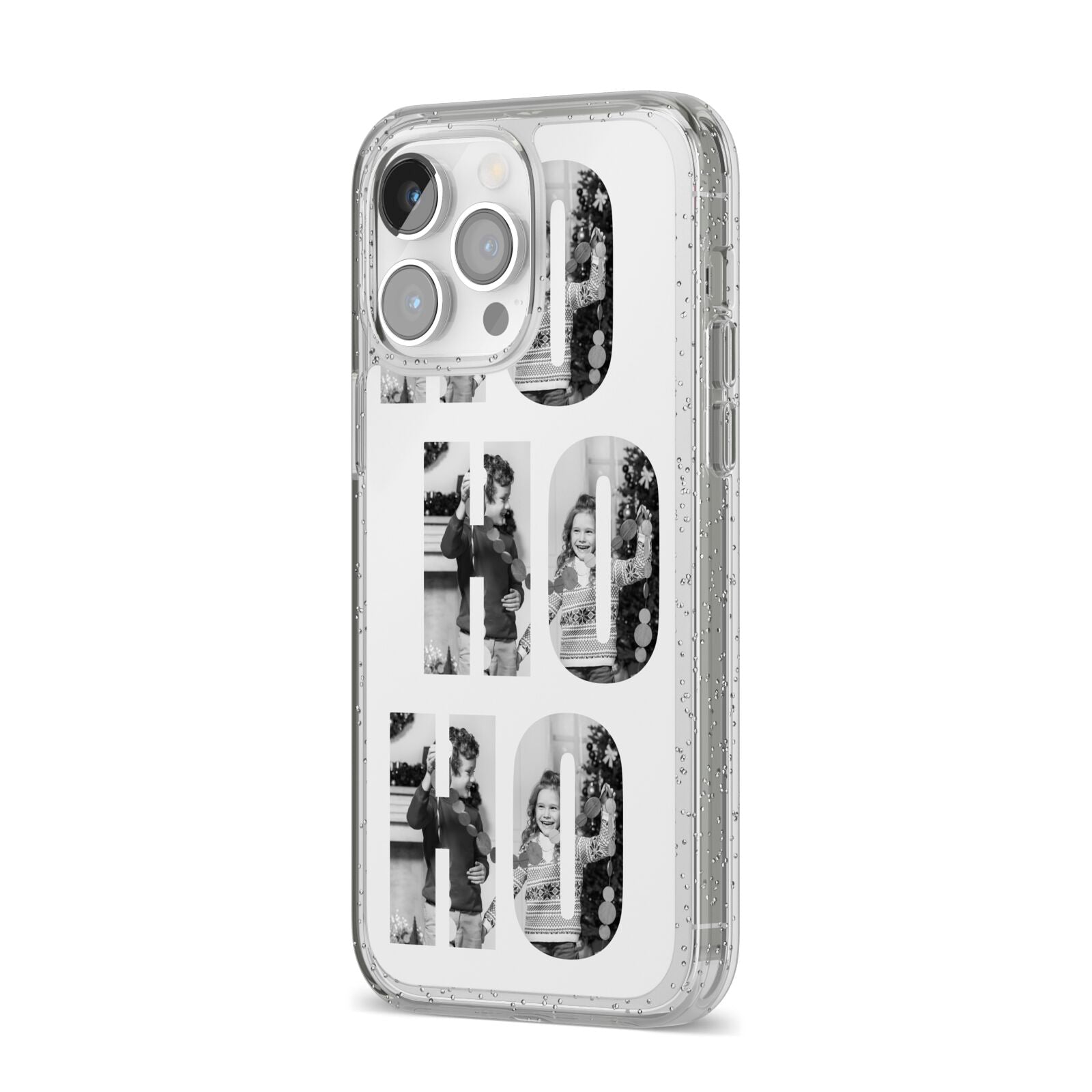 Ho Ho Ho Photo Upload Christmas iPhone 14 Pro Max Glitter Tough Case Silver Angled Image