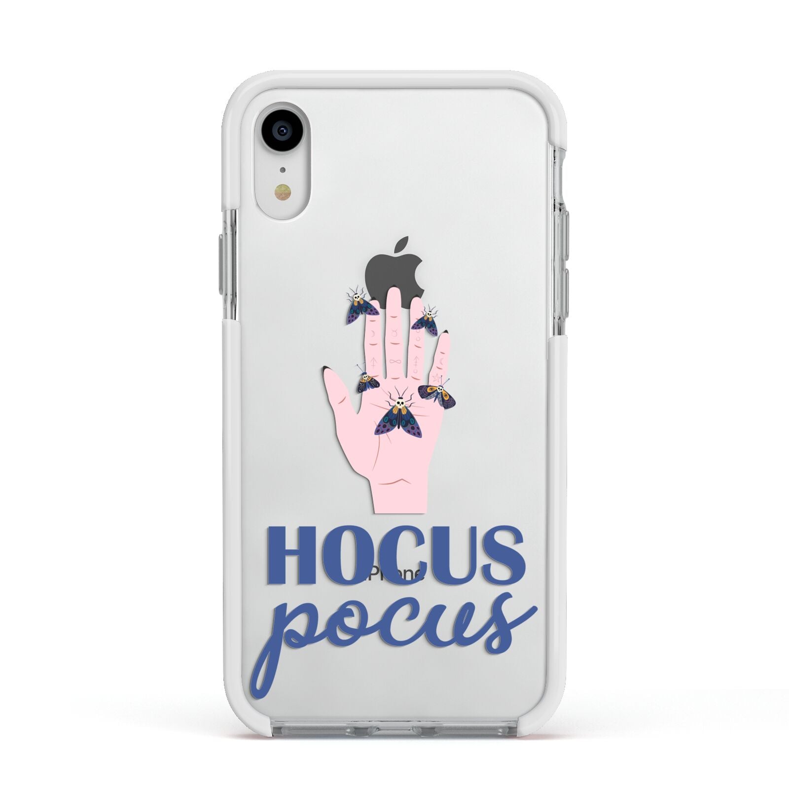 Hocus Pocus Witch Hand Apple iPhone XR Impact Case White Edge on Silver Phone