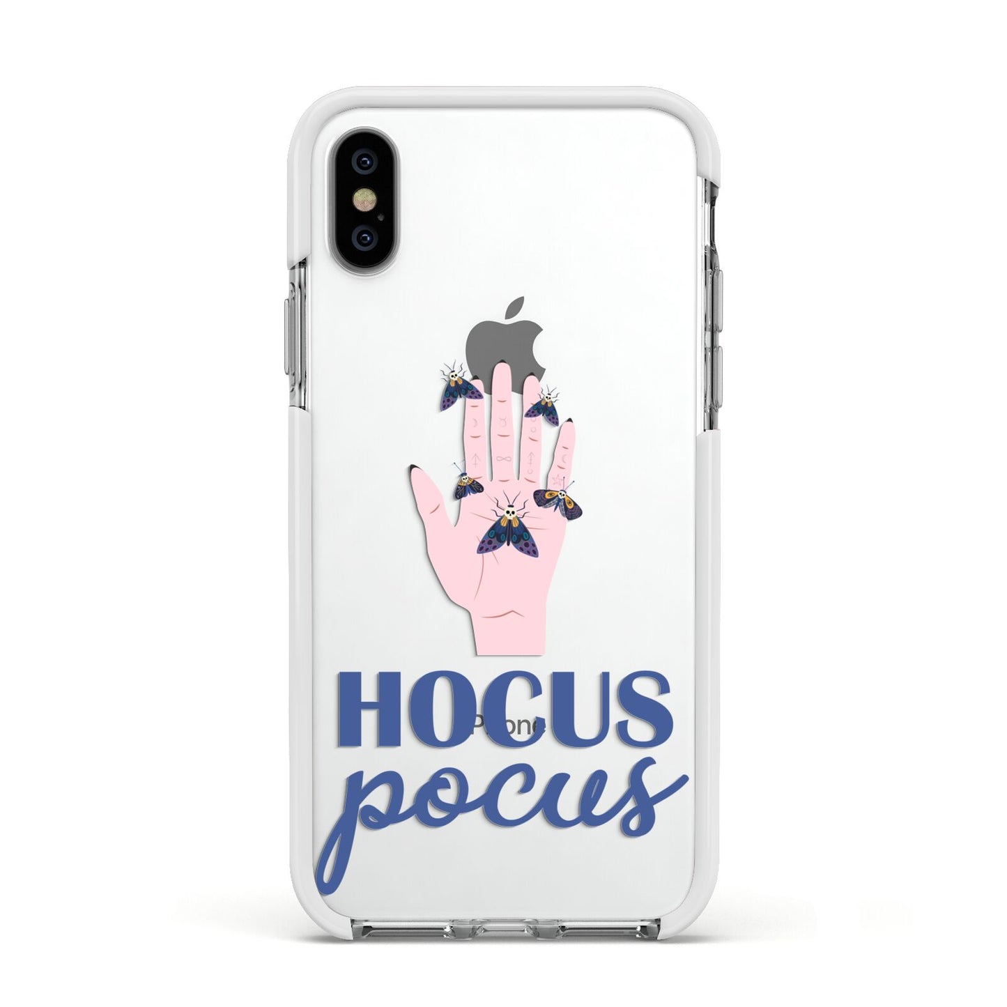 Hocus Pocus Witch Hand Apple iPhone Xs Impact Case White Edge on Silver Phone