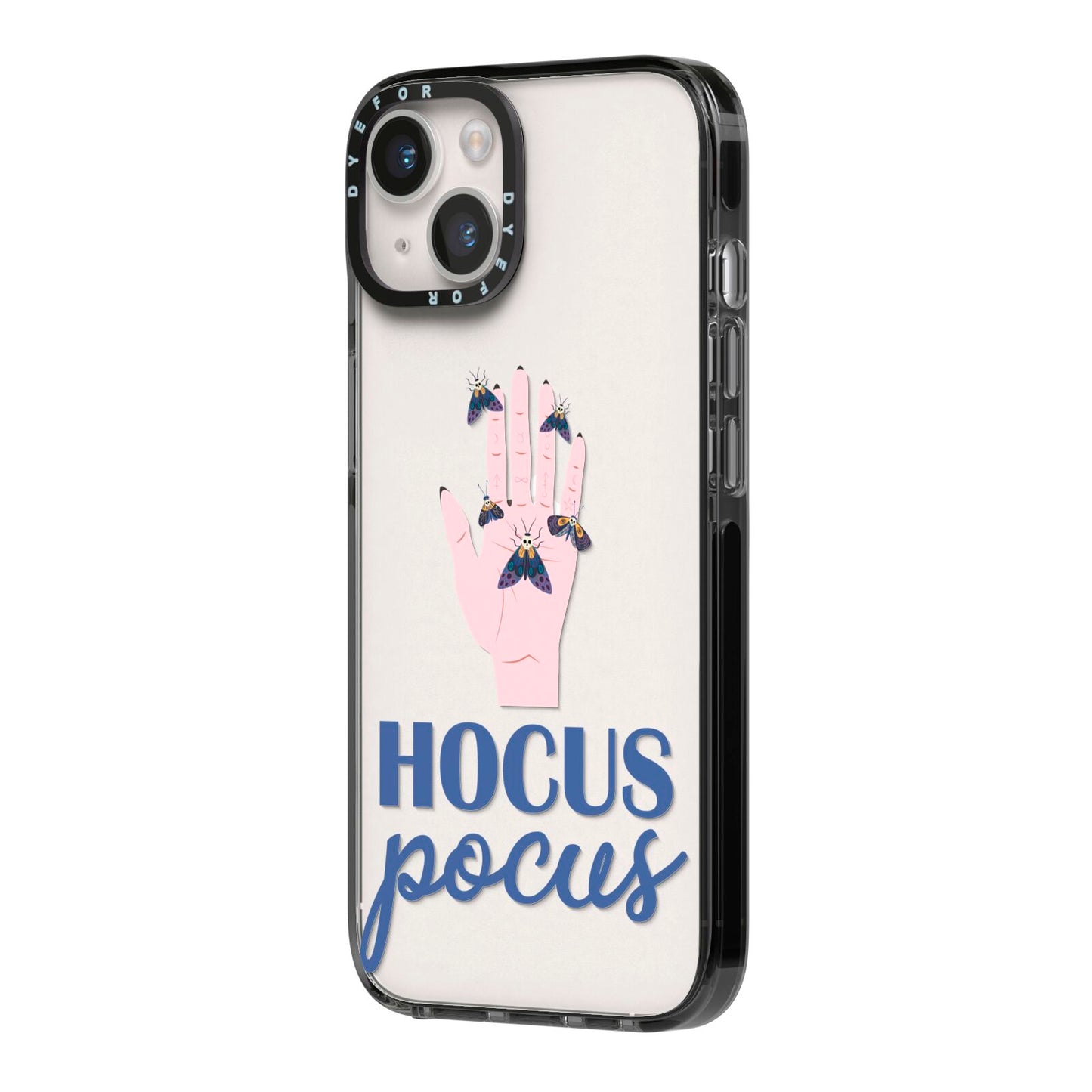 Hocus Pocus Witch Hand iPhone 14 Black Impact Case Side Angle on Silver phone