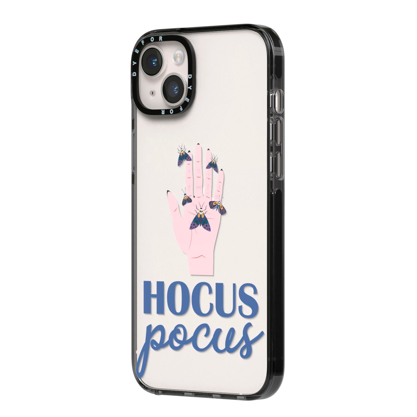 Hocus Pocus Witch Hand iPhone 14 Plus Black Impact Case Side Angle on Silver phone