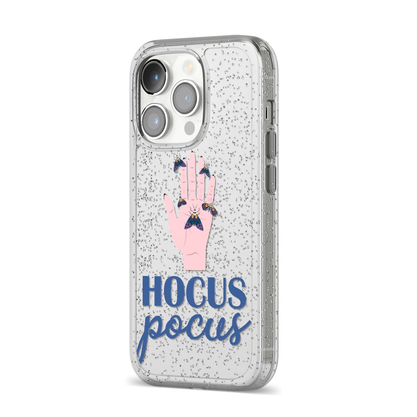 Hocus Pocus Witch Hand iPhone 14 Pro Glitter Tough Case Silver Angled Image