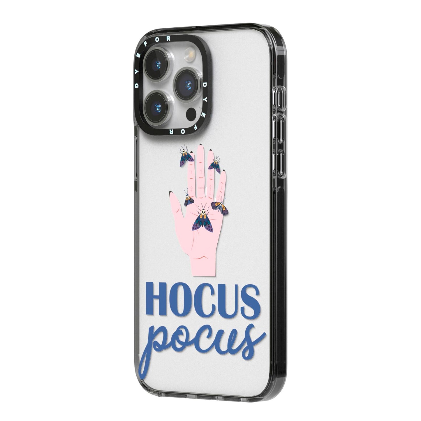 Hocus Pocus Witch Hand iPhone 14 Pro Max Black Impact Case Side Angle on Silver phone