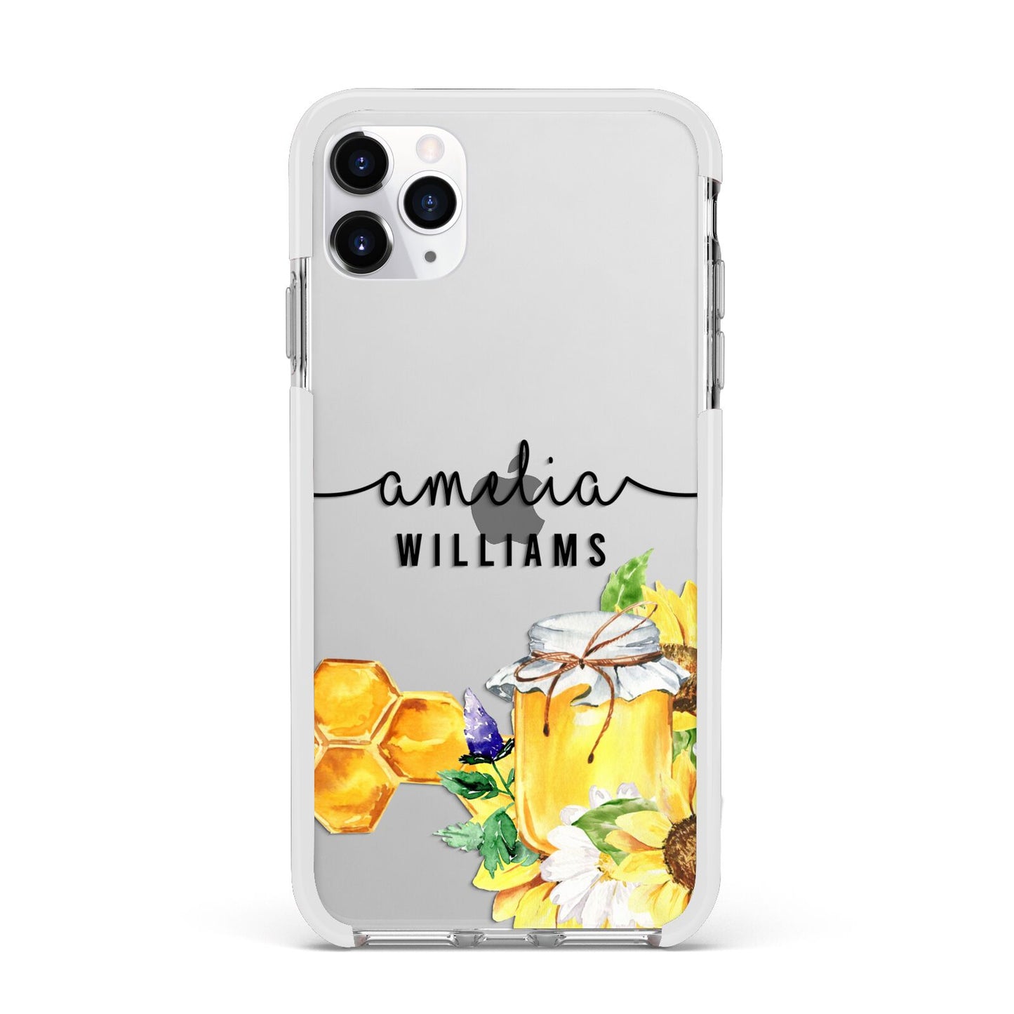 Honey Personalised Names Apple iPhone 11 Pro Max in Silver with White Impact Case