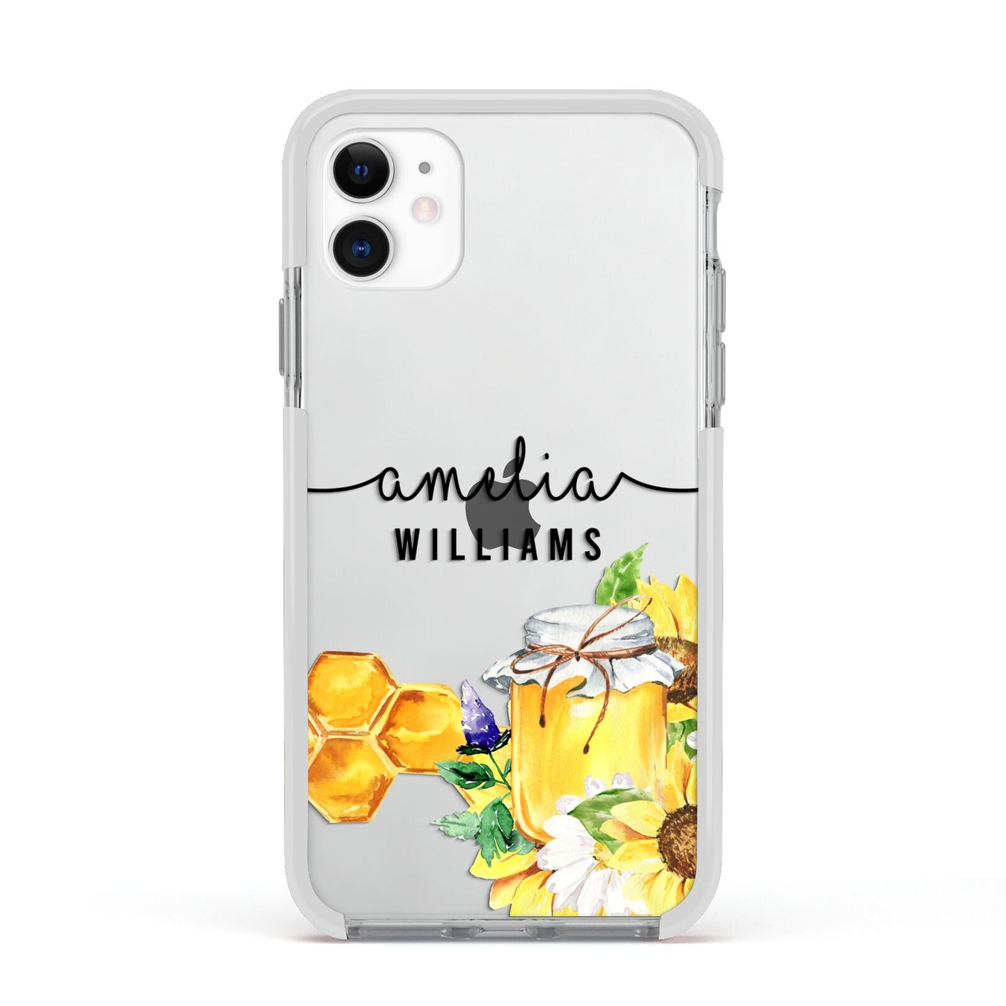 Honey Personalised Names Apple iPhone 11 in White with White Impact Case