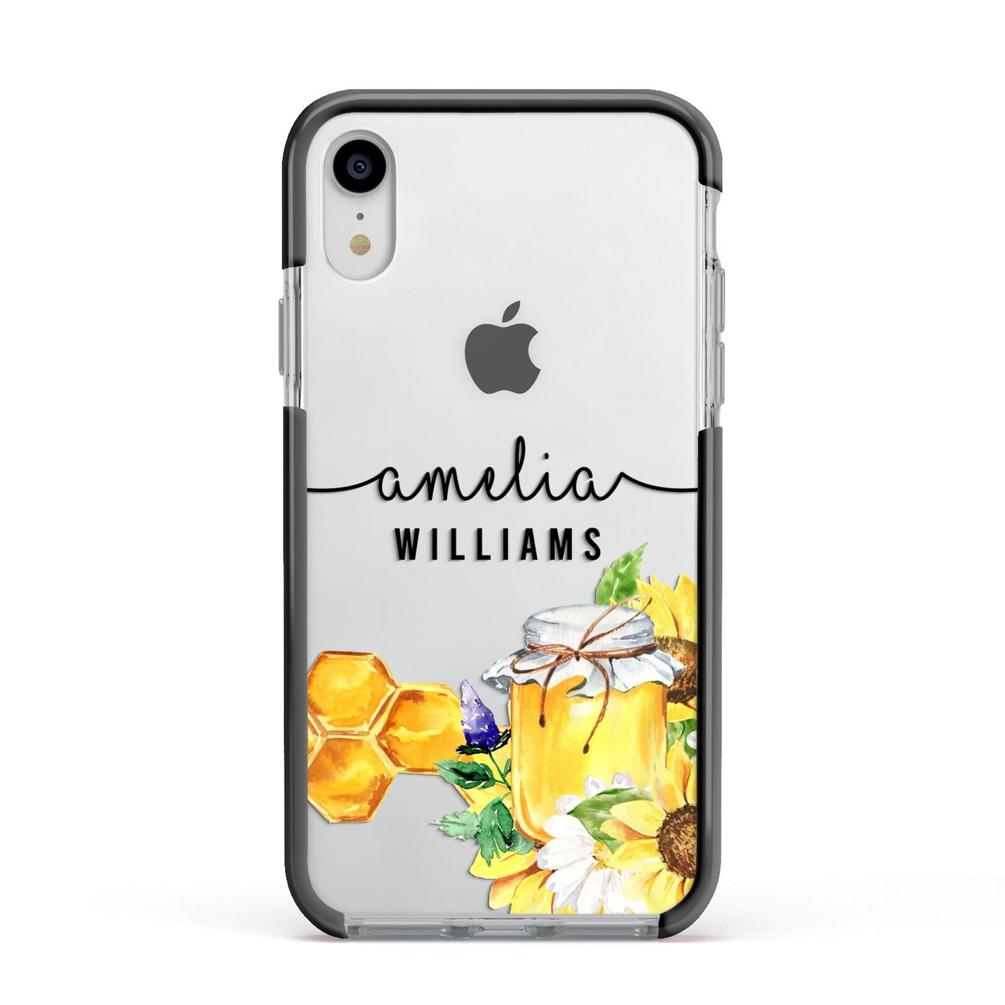 Honey Personalised Names Apple iPhone XR Impact Case Black Edge on Silver Phone