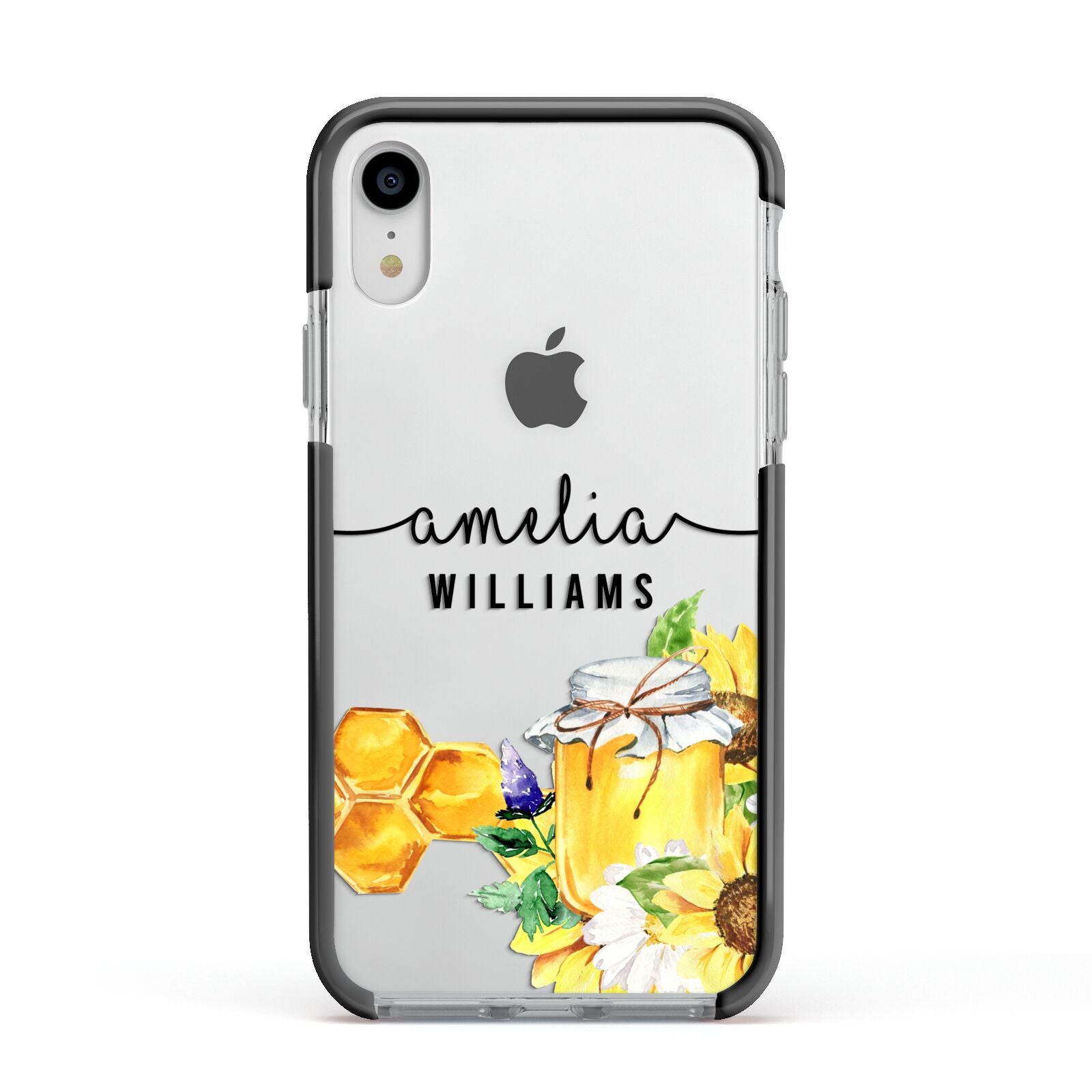 Honey Personalised Names Apple iPhone XR Impact Case Black Edge on Silver Phone