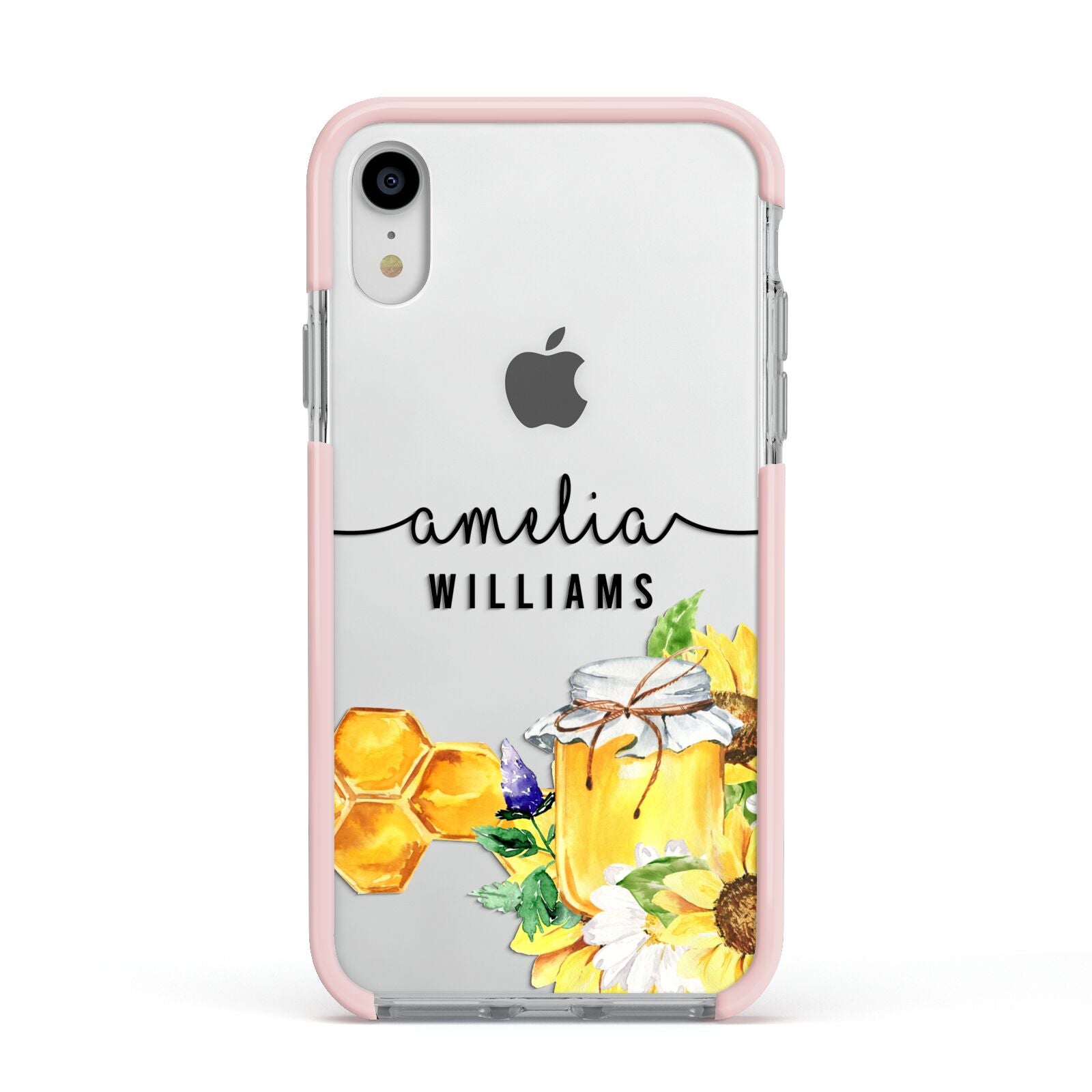 Honey Personalised Names Apple iPhone XR Impact Case Pink Edge on Silver Phone