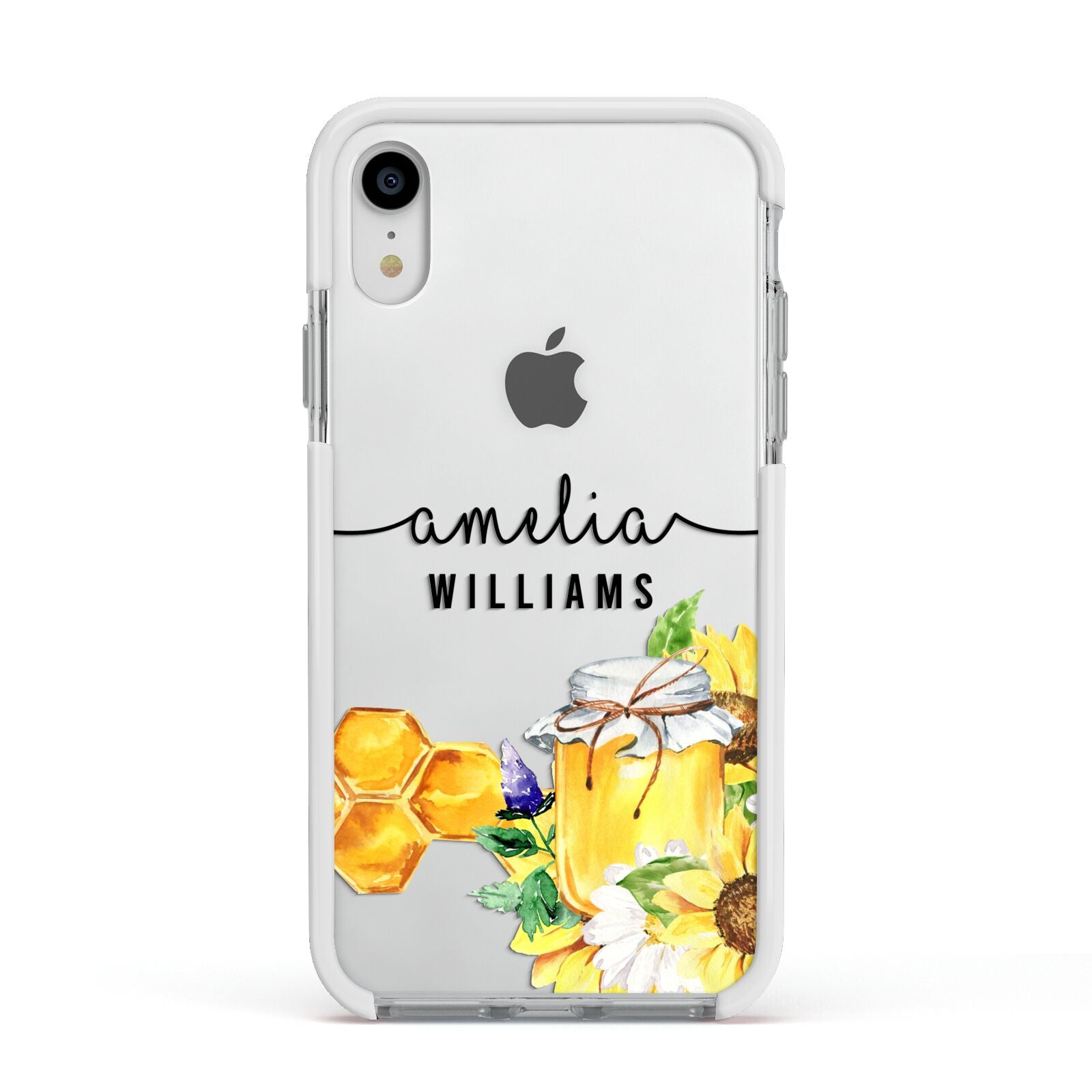 Honey Personalised Names Apple iPhone XR Impact Case White Edge on Silver Phone