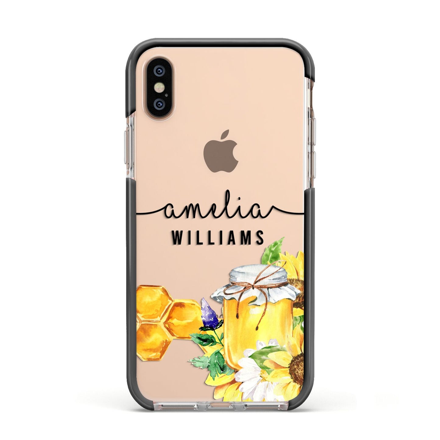 Honey Personalised Names Apple iPhone Xs Impact Case Black Edge on Gold Phone