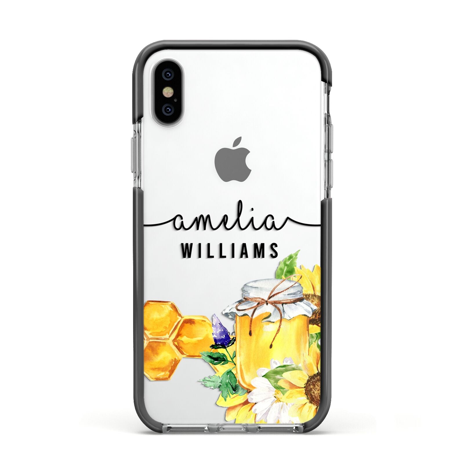 Honey Personalised Names Apple iPhone Xs Impact Case Black Edge on Silver Phone