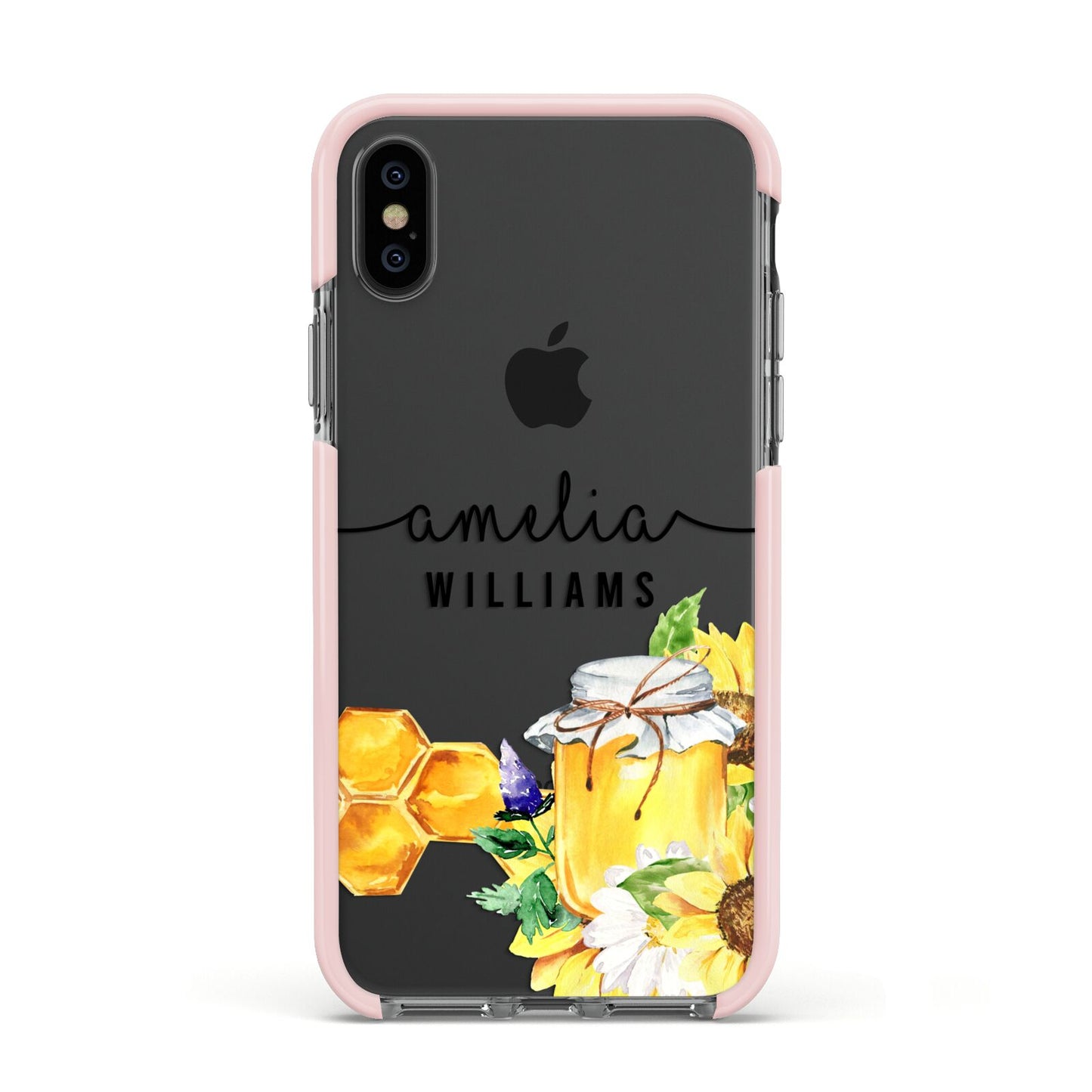 Honey Personalised Names Apple iPhone Xs Impact Case Pink Edge on Black Phone