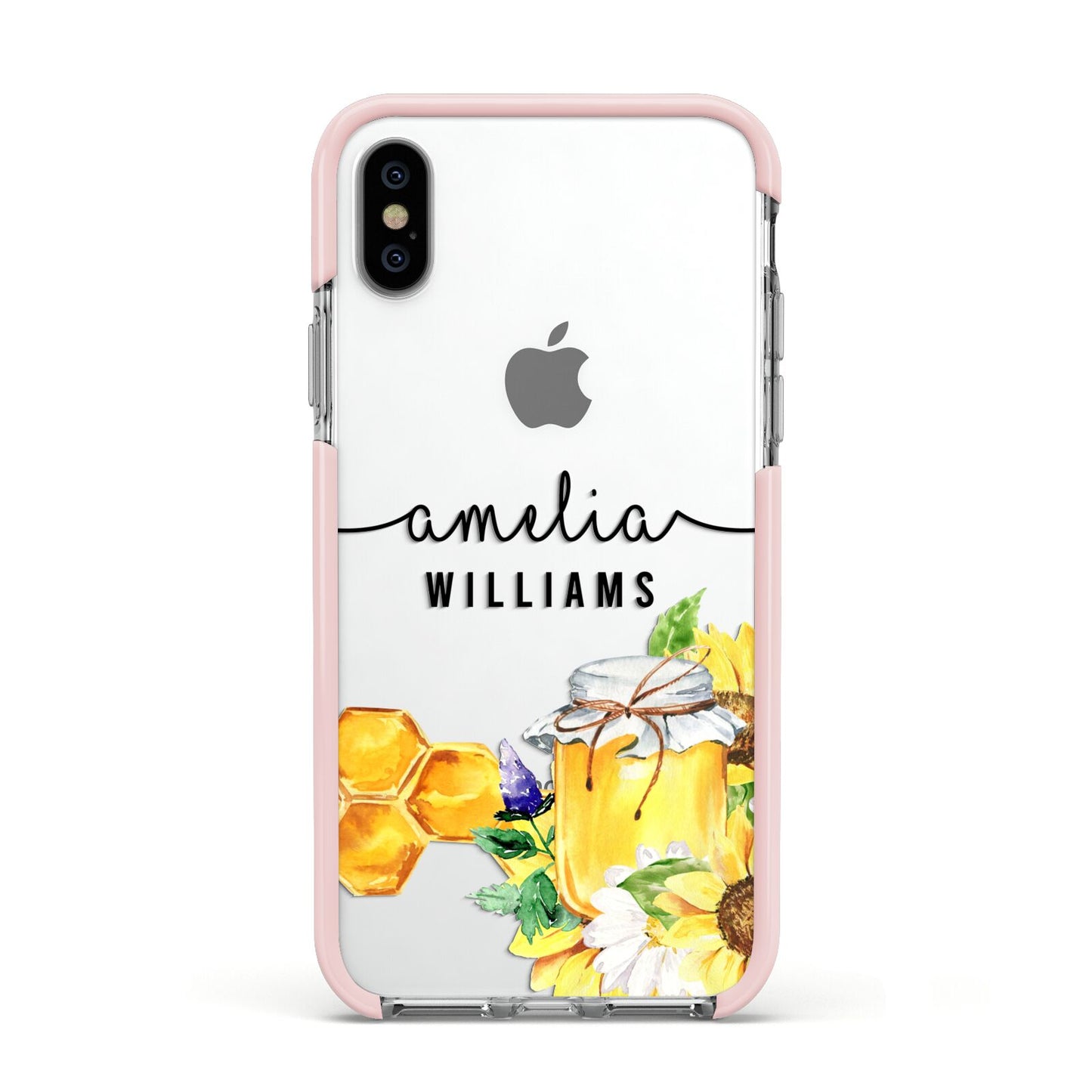 Honey Personalised Names Apple iPhone Xs Impact Case Pink Edge on Silver Phone